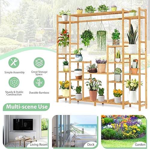 Miniatura 3 de COSTWAY Soporte de bambú para plantas, con estante colgante y dispositivo antidumping, estante 2 en 1 para plantas alto-bajo, soporte de esquina