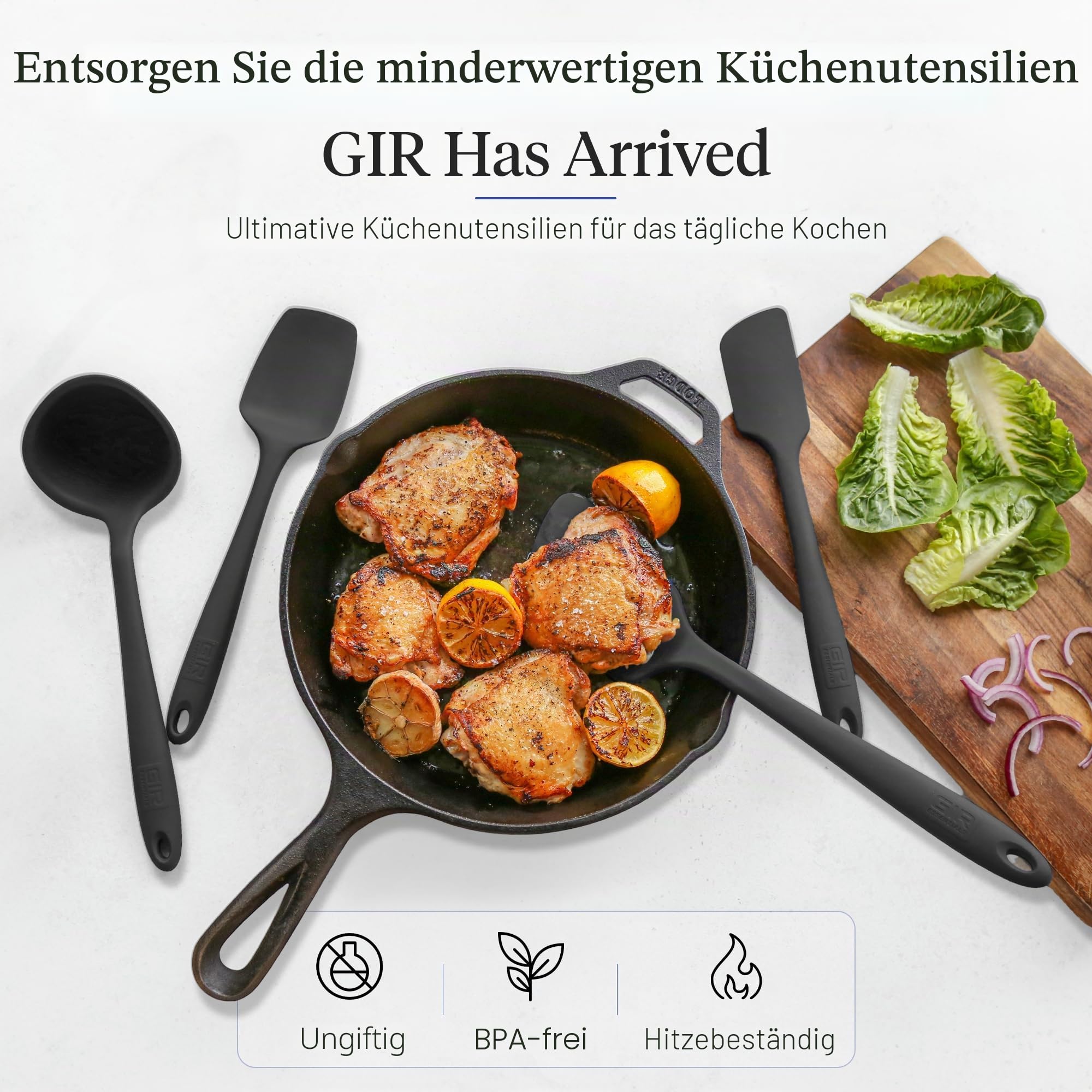 GIR: Get It Right GIRBDLE5UP111BLK Premium-Silikon-Utensilien-Set, antihaftbeschichtet, hitzebeständig, Küchenhelfer und Servierutensilien, Silikon-Spatel, Wender und Löffel, Schwarz