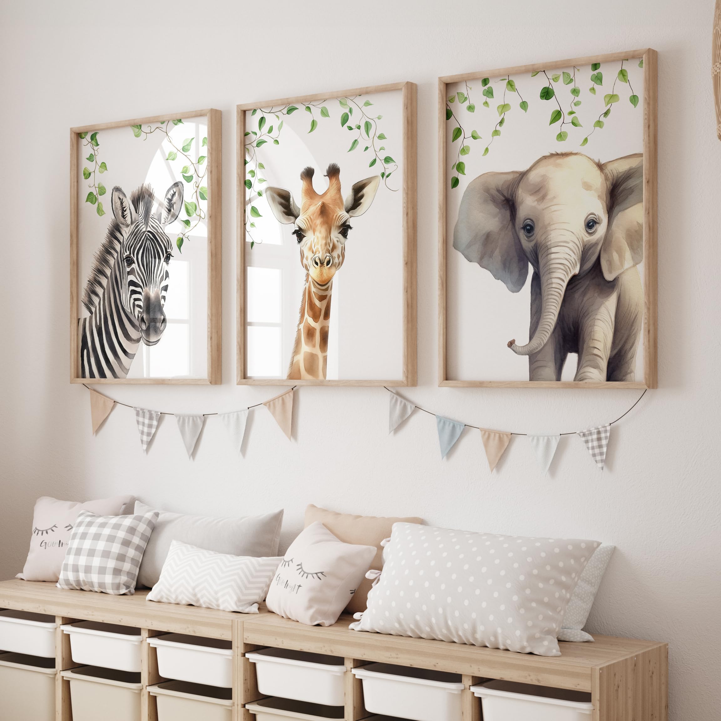 Rose Rowan Design Safari Animal Prints for Baby's Room - Set of 3 Gender Neutral Giraffe, Elephant, Zebra Wall Art (A3) โ image 1