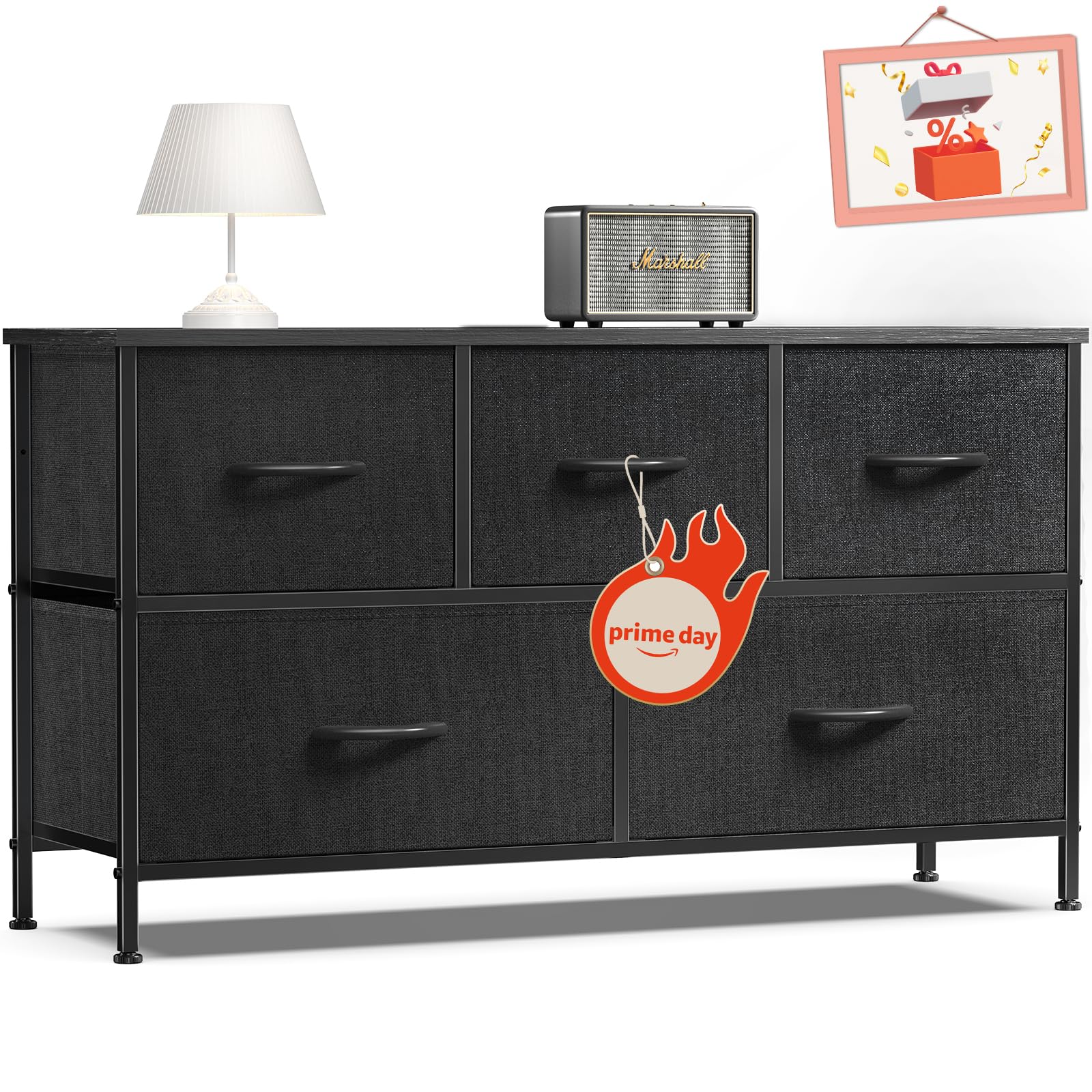 Photo 1 of *Missing Hardware* Dresser, Dresser for Bedroom, Drawer Dresser Organizer Storage Drawers Fabric Dresser with 5 Drawers, Chest of Drawers with Fabric Bins, Long Dresser with Wood Top for Bedroom, Closet, Entryway Black