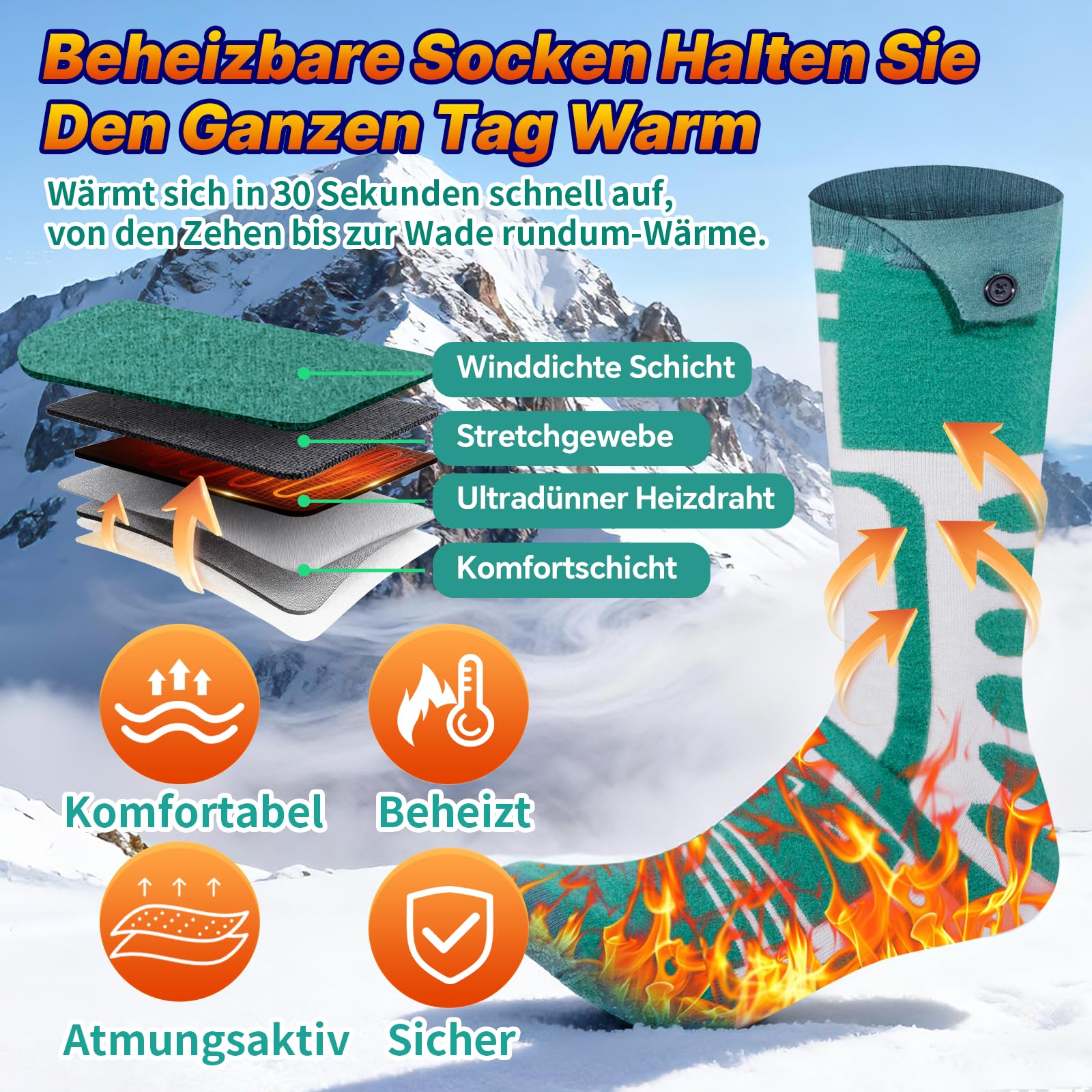 Beheizbare Socken mit Akku 5V 10000mAh Wiederaufladbare Steuerbar über App Elektrisch Heizsocken für Damen Herren, Fußwärmer Unisex Beheizte Socken für Skifahren/Radfahren/Angeln/Jagd/Camping (XL)