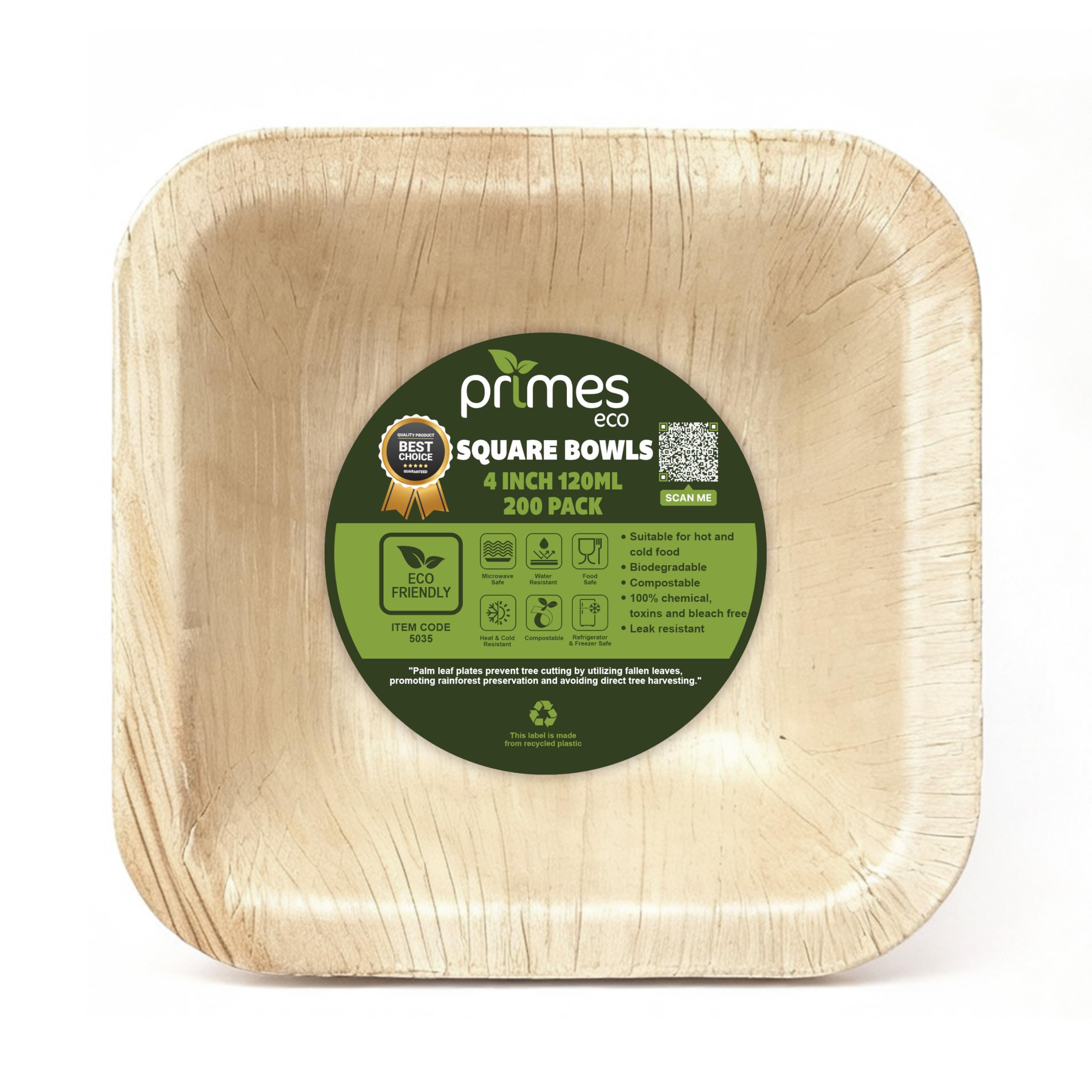 PRIMES ECO Square Disposable Palm Leaf Bowls, Biodegradable & Compostable, Natural Areca Tableware for Hot & Cold Food, Soup, Salad, Dessert, BBQ, Picnic & Parties (200, 4 Inch)