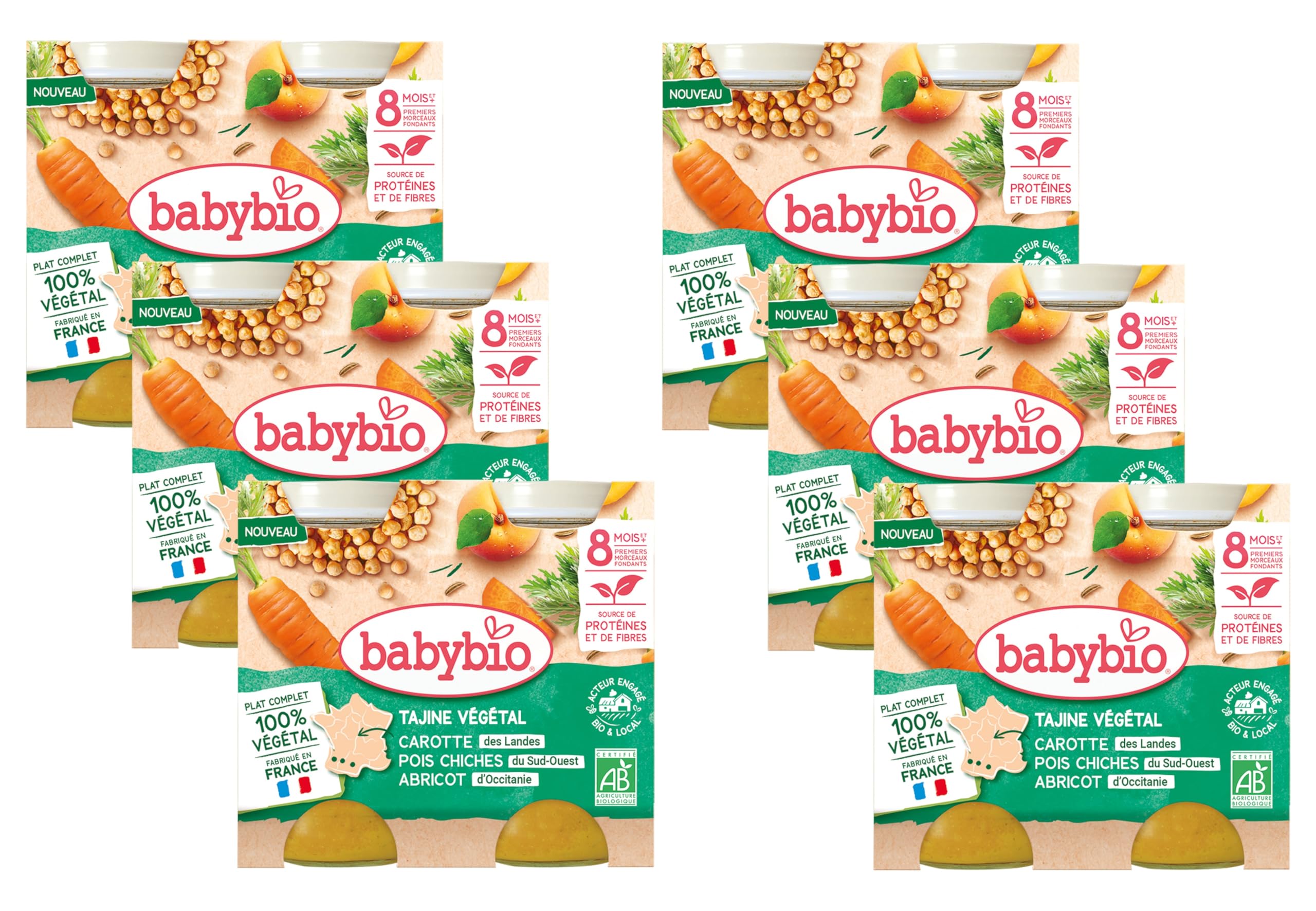 BABYBIO - Petits pots - Tajine de légumes - Petits légumes de nos régions Boulghour Abricots d'Occitanie - 8+ mois - 2 x 200g - BIO - Lot de 6
