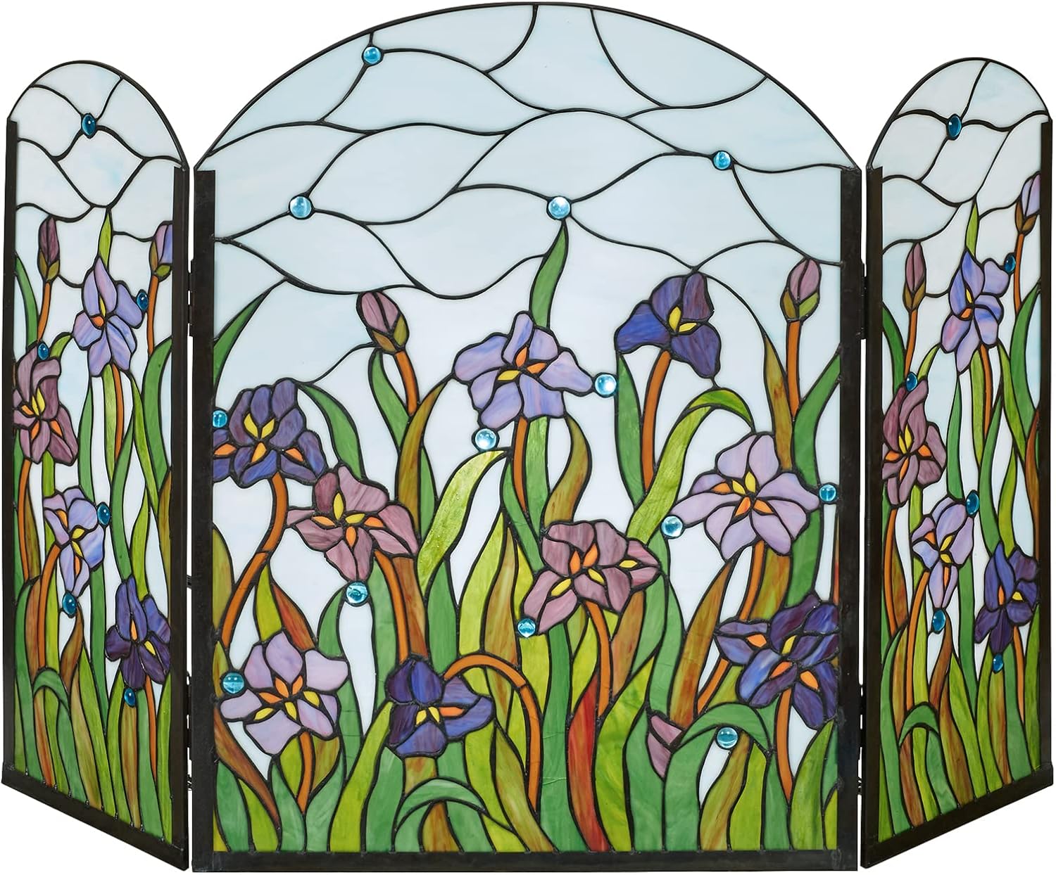 Touch of Class Spring Dreams Decorative Fireplace Screen - Stained Glass - Purple, Green, Mocha, Ivory, Blue - Floral Style Decor