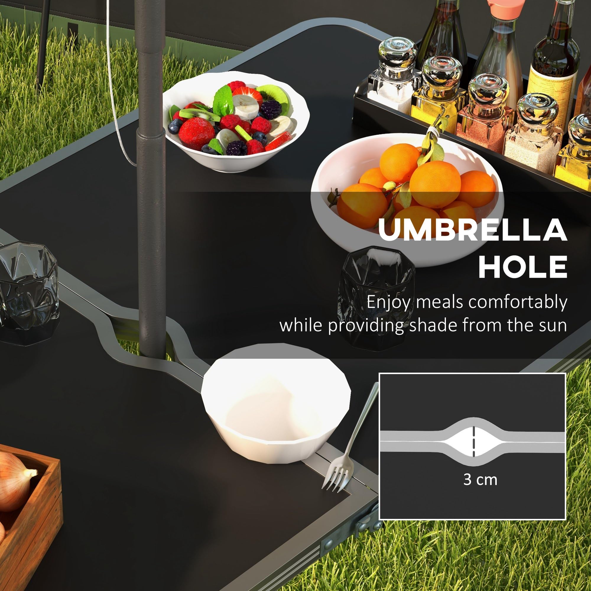 Outsunny 5-Piece Camping Set Tavolo da campeggio pieghevole con sedie Include 1 tavolo regolabile in altezza con foro per ombrellone 120x60x55-70 cm e 4 sgabelli pieghevoli Nero
