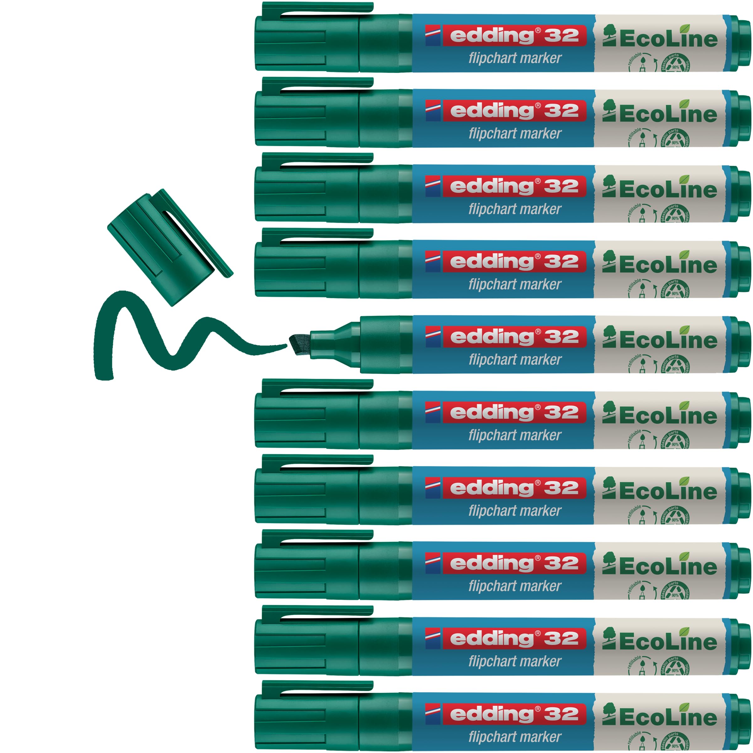 edding 32 Ecoline flipchart Marker - Green - Box of 10 - Chisel Nib 1-5 mm - Marker for Writing, Drawing on flipchart Paper - Does not Bleed Through - Does not Dry Out - refillable