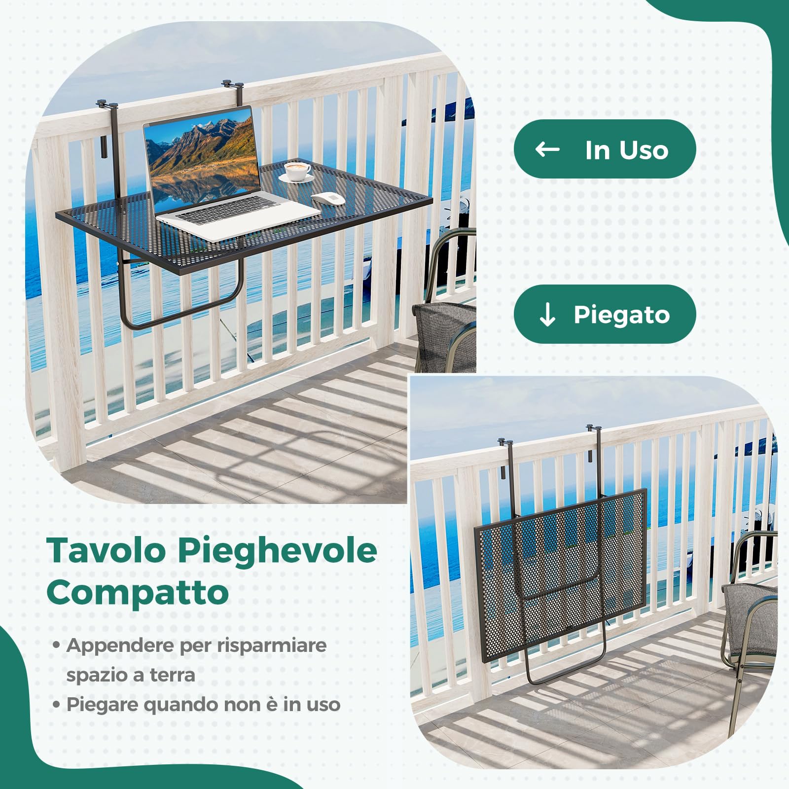 COSTWAY Tavolino da Balcone, Tavolino Sospeso Pieghevole con Struttura in Metallo, Tavolo Salvaspazio da Ringhiera per Patio e Terrazzo, Portata 23 kg, 60,5 x 50,5 x 51 cm