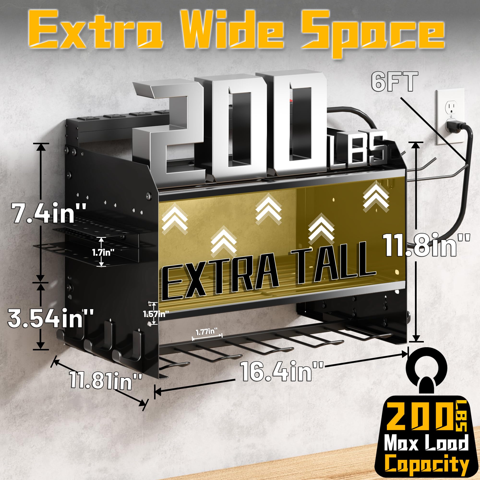 Support mural large pour outils électriques avec station de charge, 3 couches réglables et robustes avec multiprise à 8 prises pour outils sans fil, support utilitaire adapté pour garage (noir