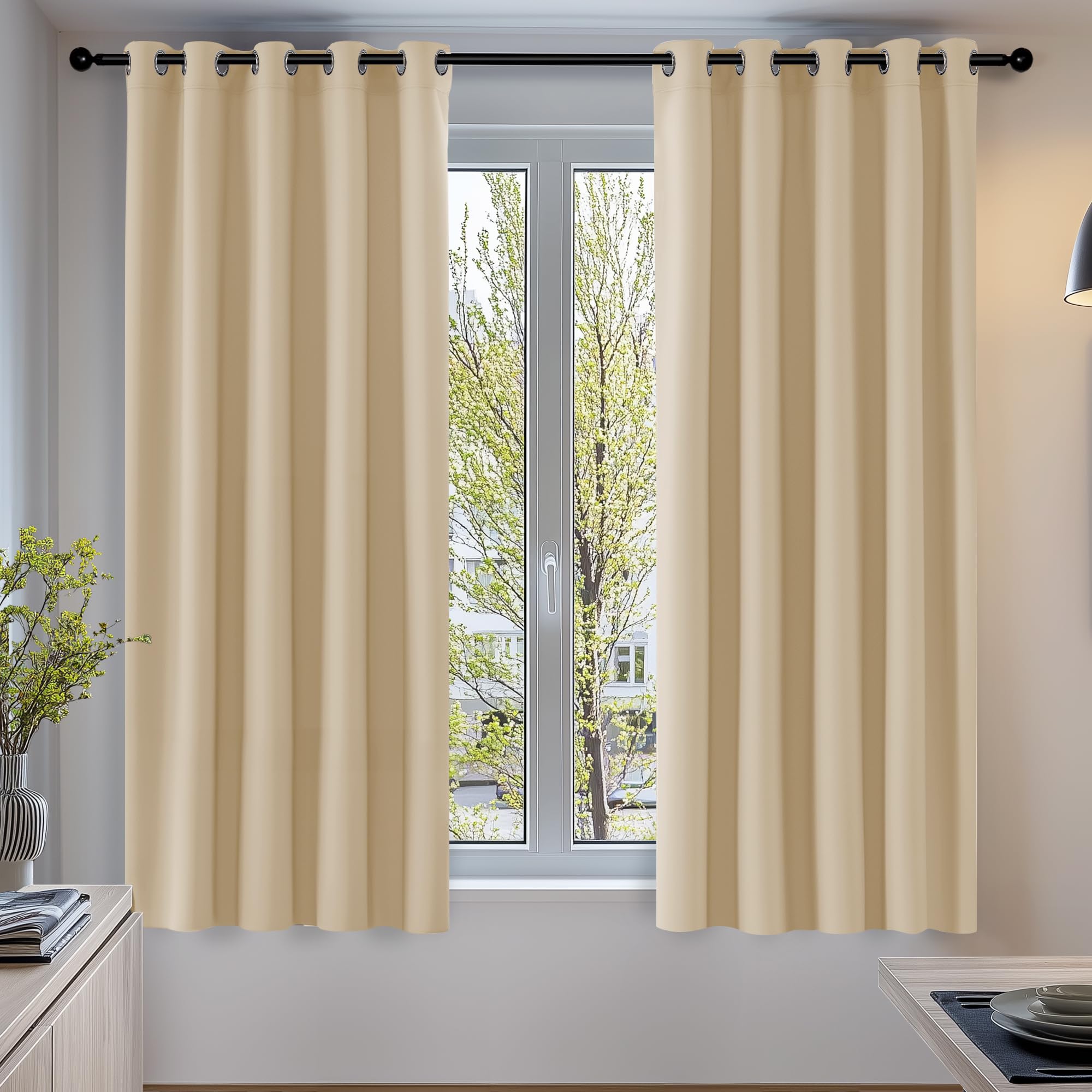 Deconovo Blackout Curtains Eyelet, Super Soft Thermal Insulated Noise Redudcing Bedroom Curtains for Living Room, 66 x 63 Inch, Biscotti Beige, 2 Panels