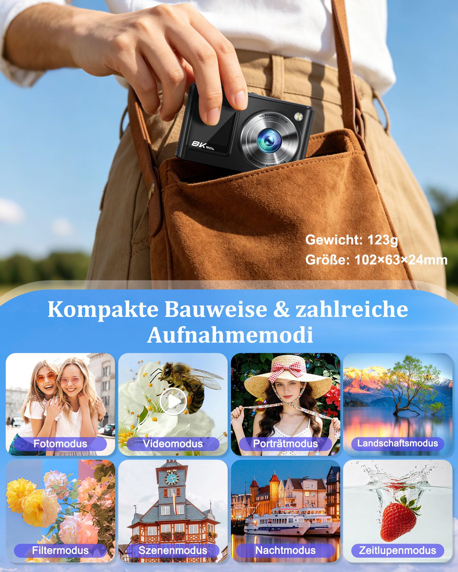 2026 Neueste Digitalkamera 8K 96MP Vlogging Kamera mit WLAN, Dual-Display Autofokus Bildstabilisator Kompaktkamera für Einsteiger, Digitale Kamera mit 32GB SD Karte und 2 Akkus