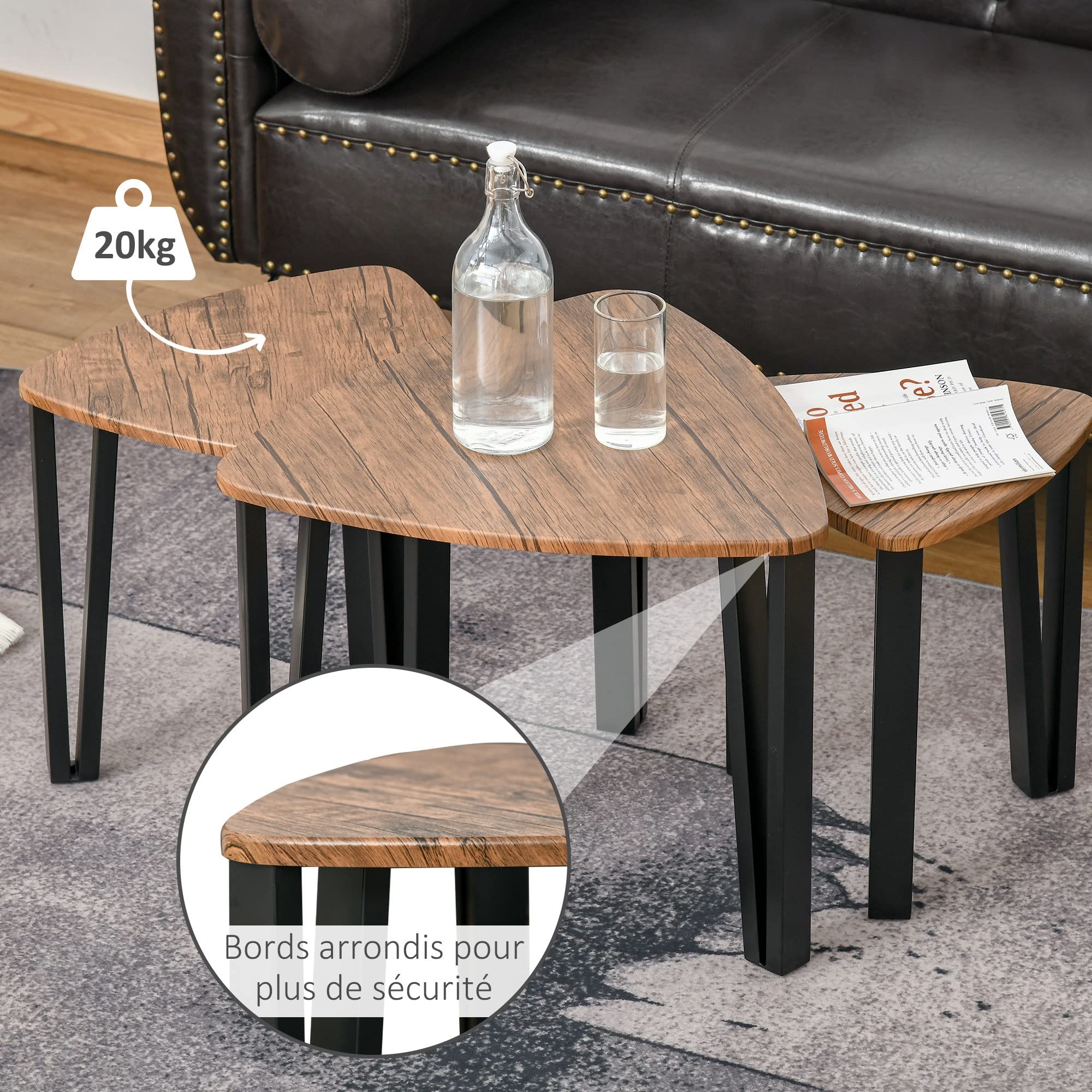 HOMCOM Ensemble de 3 Tables Basses gigognes encastrables Style Industriel piètements métal Noir en épingle Plateaux Aspect Bois de Noyer