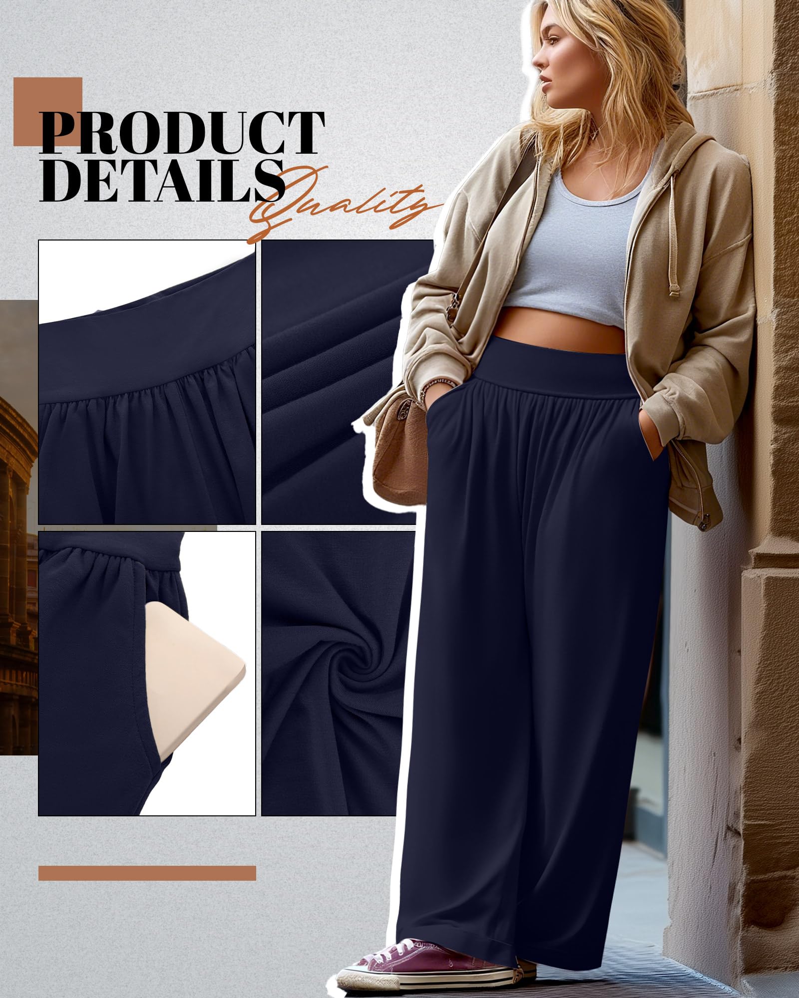 Neer Lot de 3 pantalons de yoga à jambes larges pour femme - Taille haute - Pantalon de survêtement Palazzo avec poches, Noir, gris foncé, bleu marine, Taille XL
