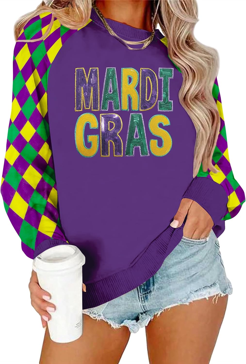 Mardi Sweatshirt Women: Mardi Raglan Long Sleeve Shirt Fat Tuesday Sequin Sweatshirt Carnival Pullover Tops