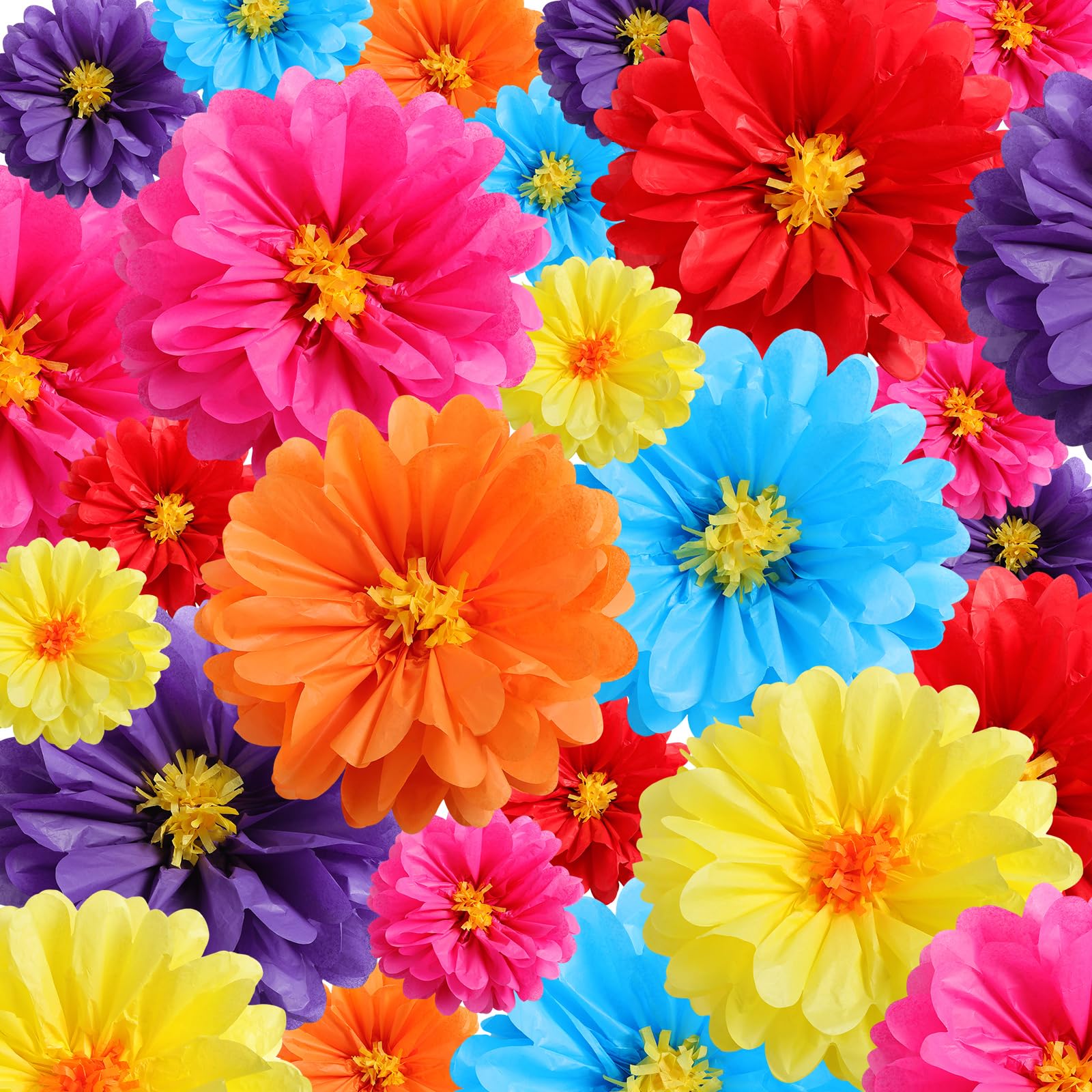 Watersay 24 Pcs 10" 20" Large Tissue Paper Flowers, Classic Color | Colorful Mexican Paper Flowers Decorations for Wall, Giant Crepe Big Tissue Pompoms Craft Backdrop Decor for Wedding Birthday