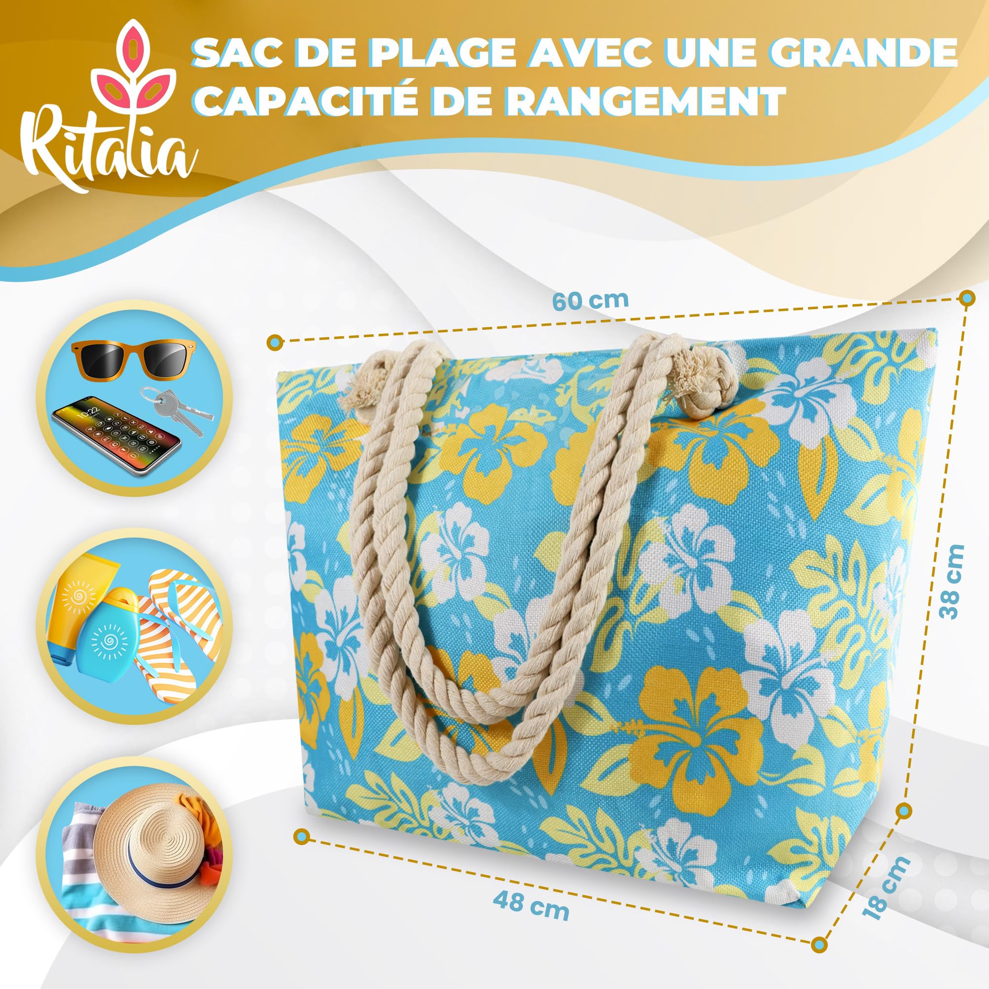 Ritalia® Grand sac de plage XXL familial | Sacs de plage pour femme et sac de piscine | Sac de plage imperméable avec fermeture éclair | Panier de plage pour femme | Sac de plage pour familles
