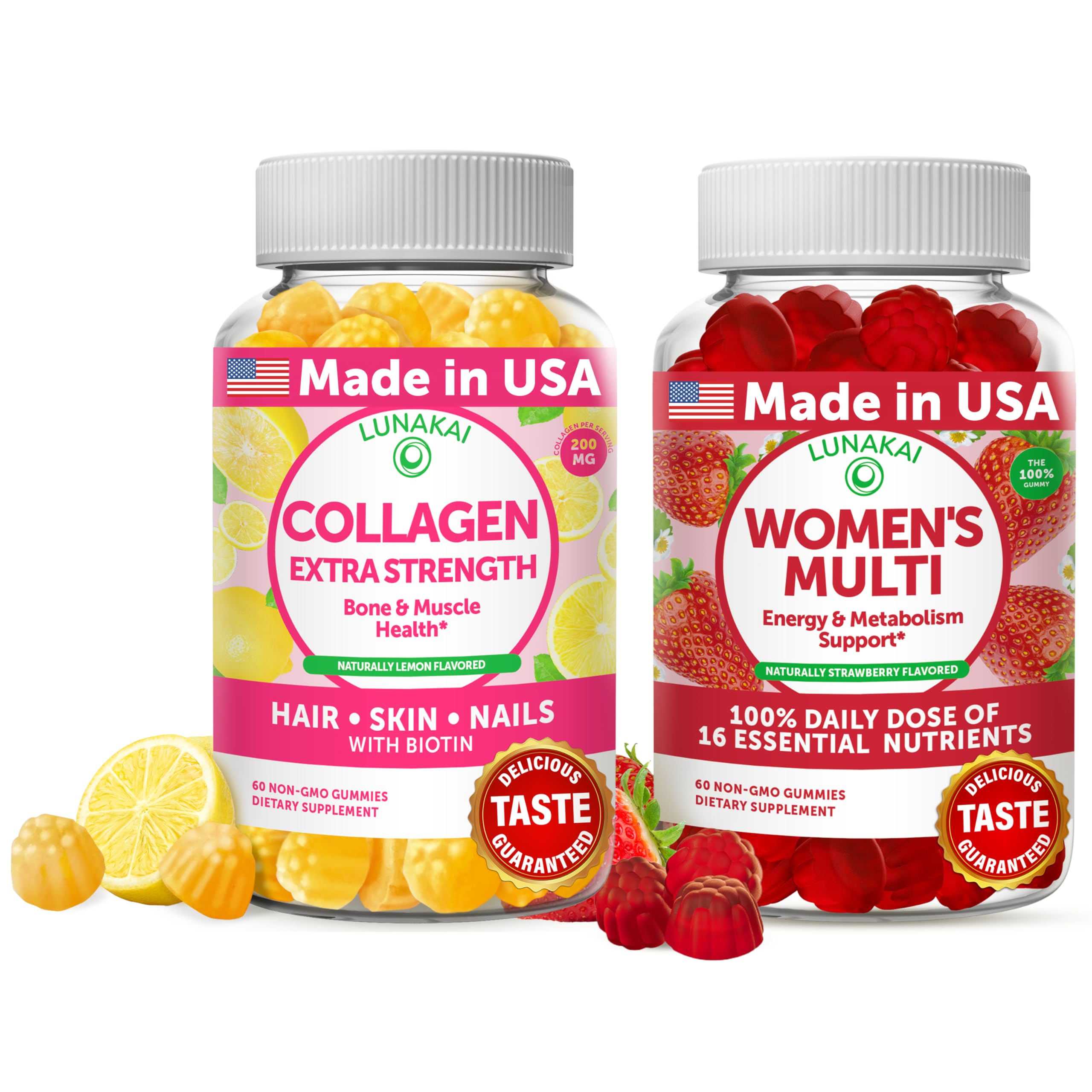 Lunakai Collagen and Women's Multivitamin Gummies Bundle - Non-GMO Anti Aging Supplements with Biotin, Zinc, Vitamin C and E - 100% Daily Value of 16 Essential Vitamins and Minerals - 30 Days Supply