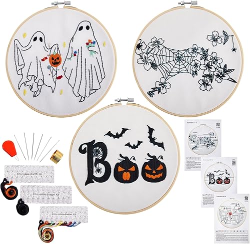 Kit de bordado de Halloween para adultos principiantes, kit de punto de cruz estampado para adultos principiantes, kit de inicio de bordado a mano
