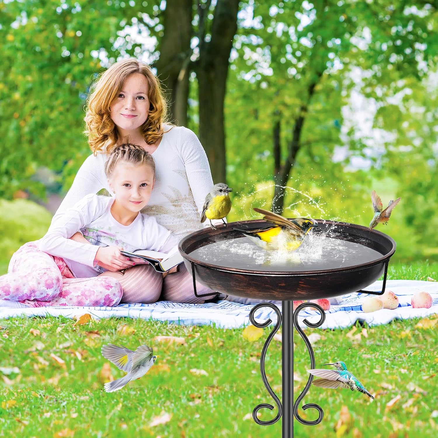 Metal Bird Bath for Outside, 40In Tall Vintage Freestanding Birdbaths & Birdfeeder, Outdoor Bird Bath Bowl with Sturdy 5-Pronged Base for Patio Yard Lawn Decor (Bronze+Glod)