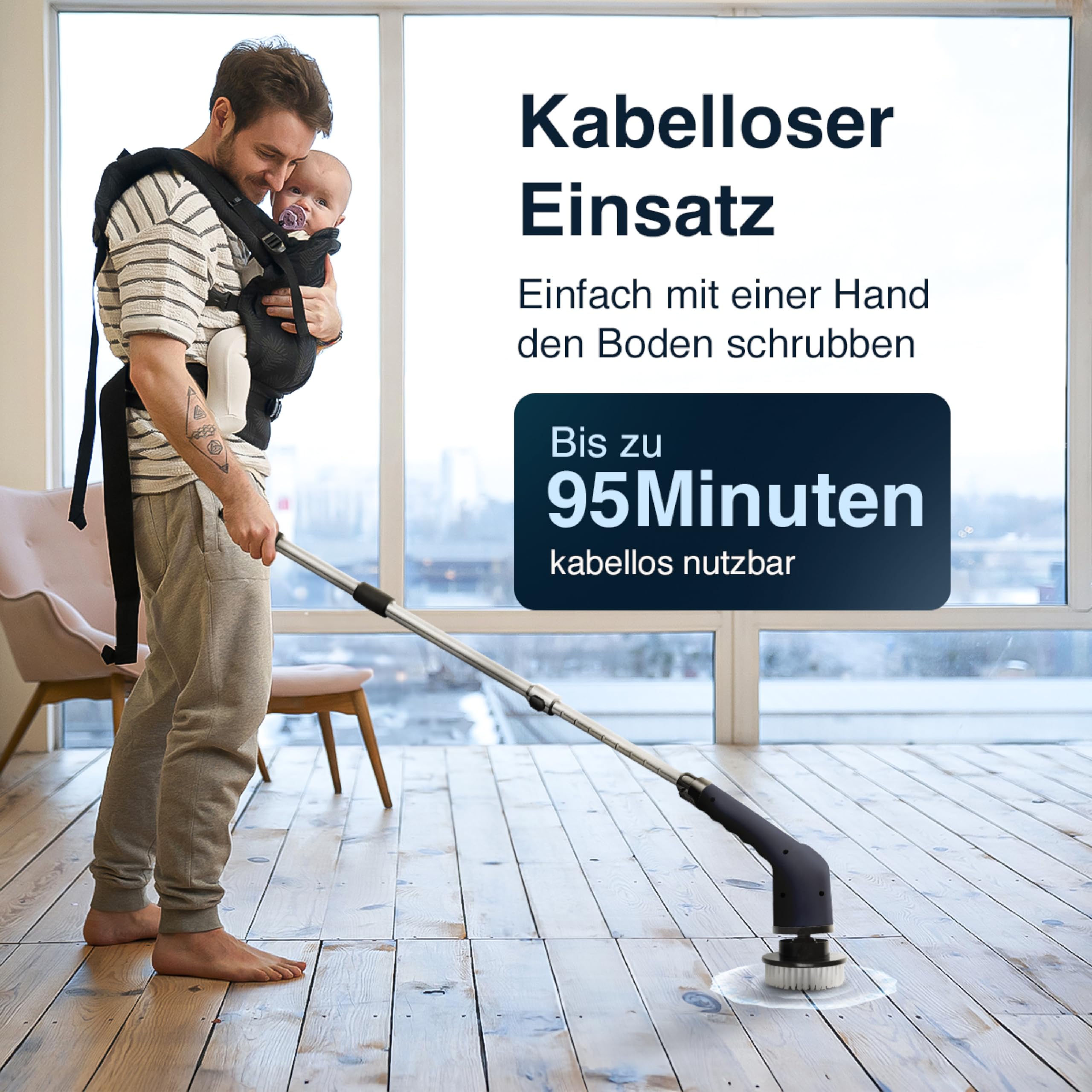 Samako Cepillo de limpieza eléctrico con mango – IPX6 resistente al agua – 9 cabezales – Estropajo con batería para baño, azulejos, ducha y suelo