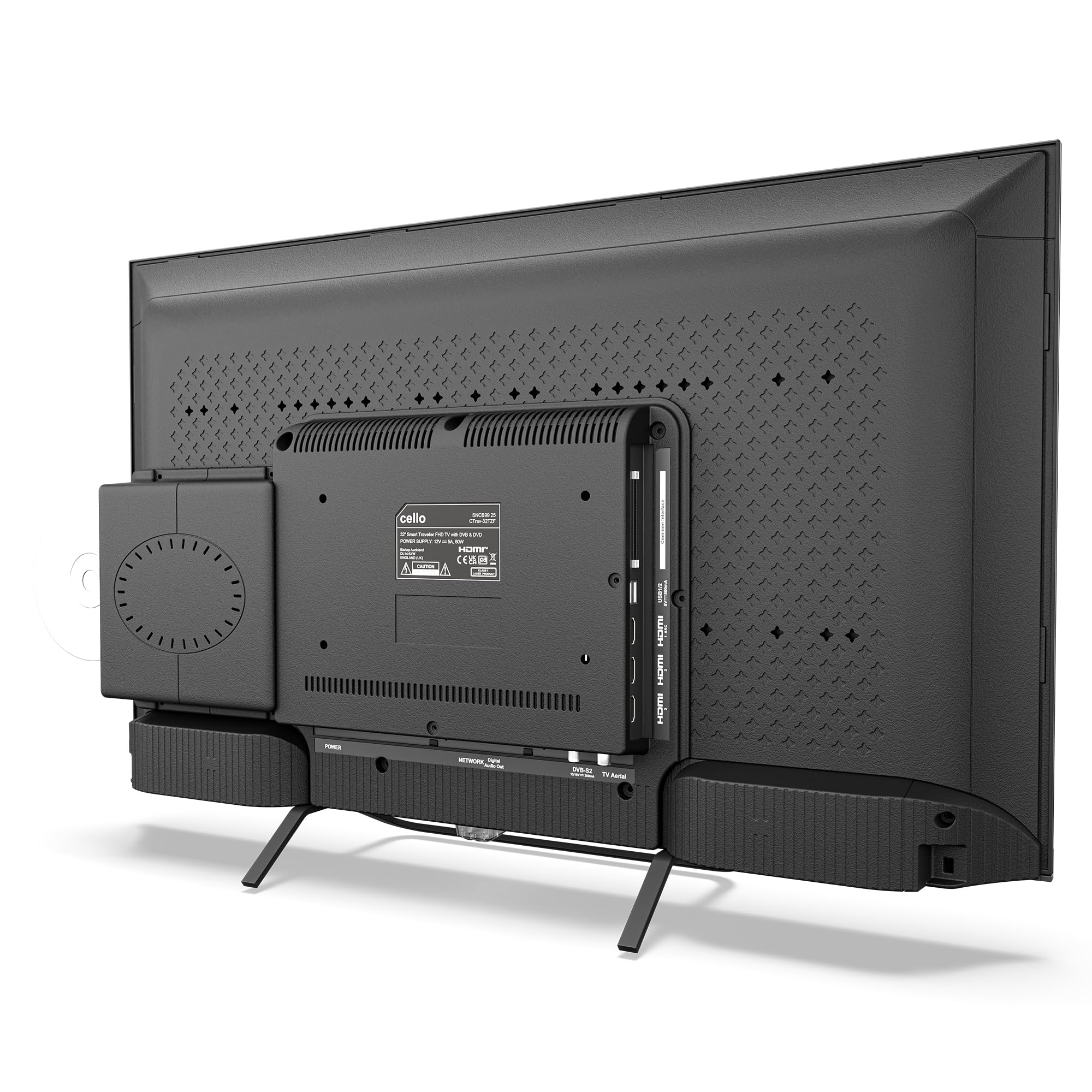 Cello Ctrav-32TZF 32" Smart TV LED z systemem Tizen OS, telewizor podróżny 12V z wbudowanym DVD, 3-letnia gwarancja, głośniki Pitch Perfect, Prime Video, Bluetooth, idealny do kamperów