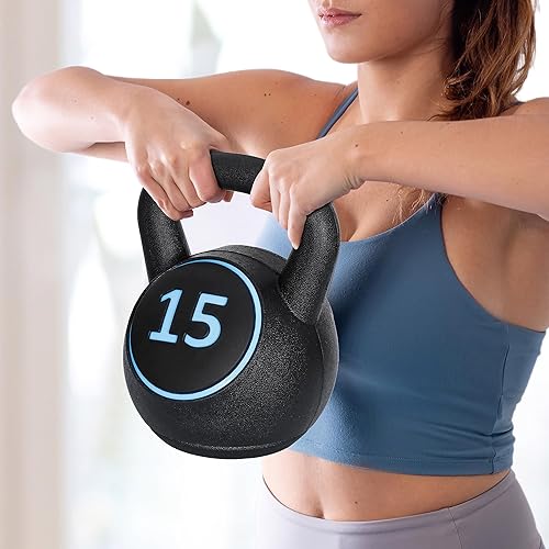 Miniatura 8 de F2C Juego de pesas rusas de 3 piezas con estante de almacenamiento de 5 libras, 10 libras, 15 libras, pesas rusas de hormigón recubiertas de HDPE,