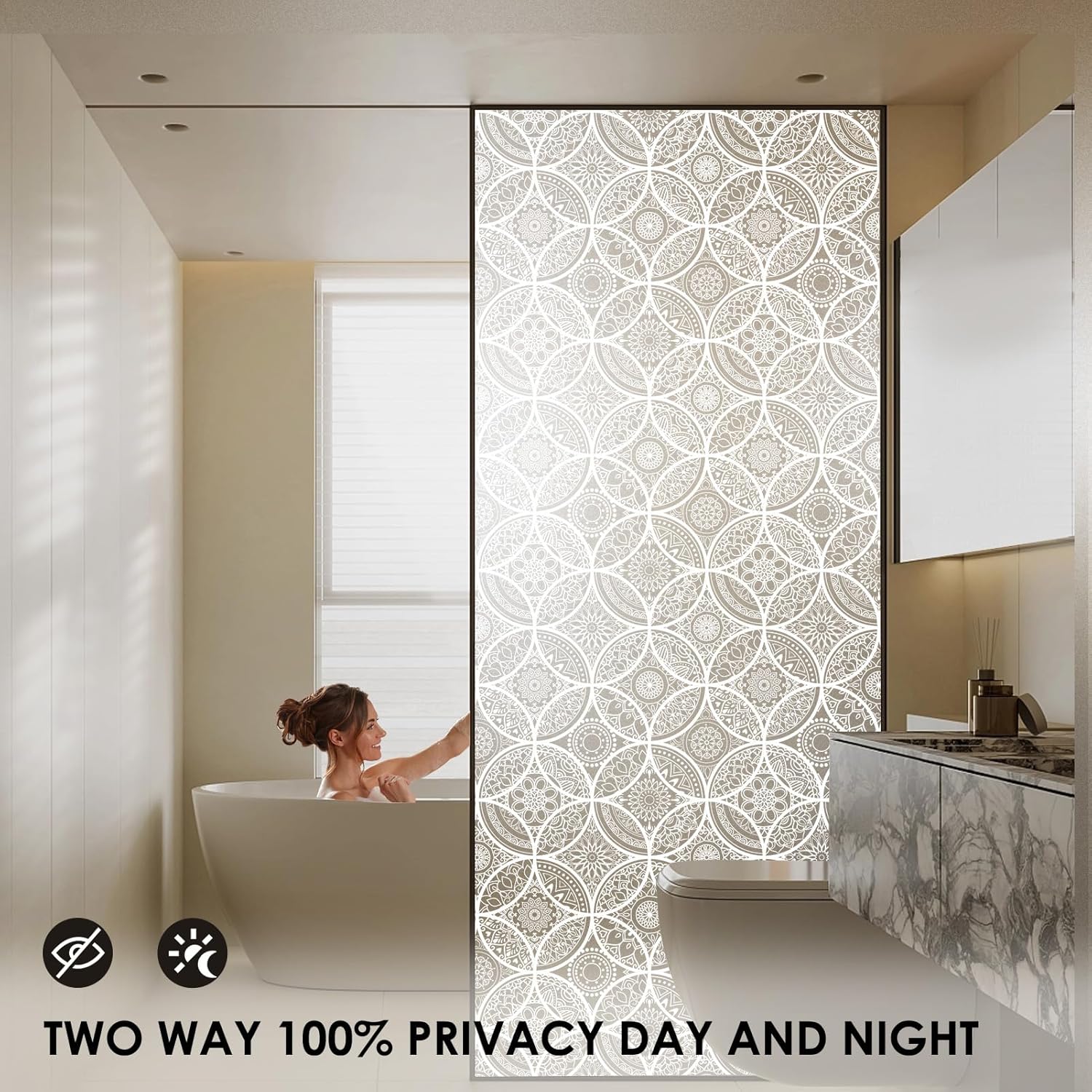 dktie bohemian decor stained glass window film with installation tools, two-way window privacy film, reduce glare, pure white, 35.4 x 118.1 inch pure white 35.4" x 118.1" (with tools)
