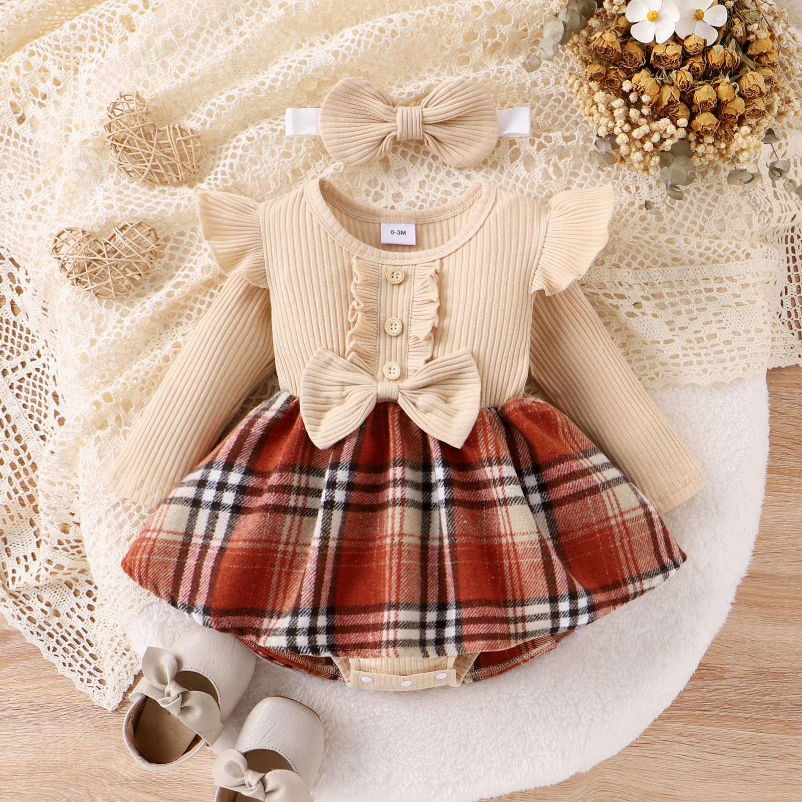 Amazon.com: Newborn Baby Girl Christmas Romper Dress Ruffle Sleeve Deer  Plaid Onesie with Headband Cute Xmas Outfits (Beige-Plaid Patchwork, 3-6  Months): Clothing, Shoes & Jewelry