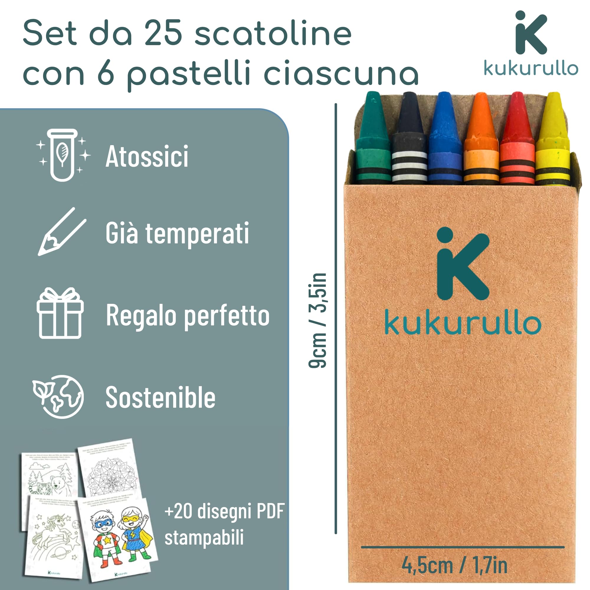 Gadget compleanno bambini - Set di 25 scatole di pastelli a cera colorati - Regalini fine festa per bambini - 6 pastelli per scatola - Perfetti per compleanni e bustine regalo
