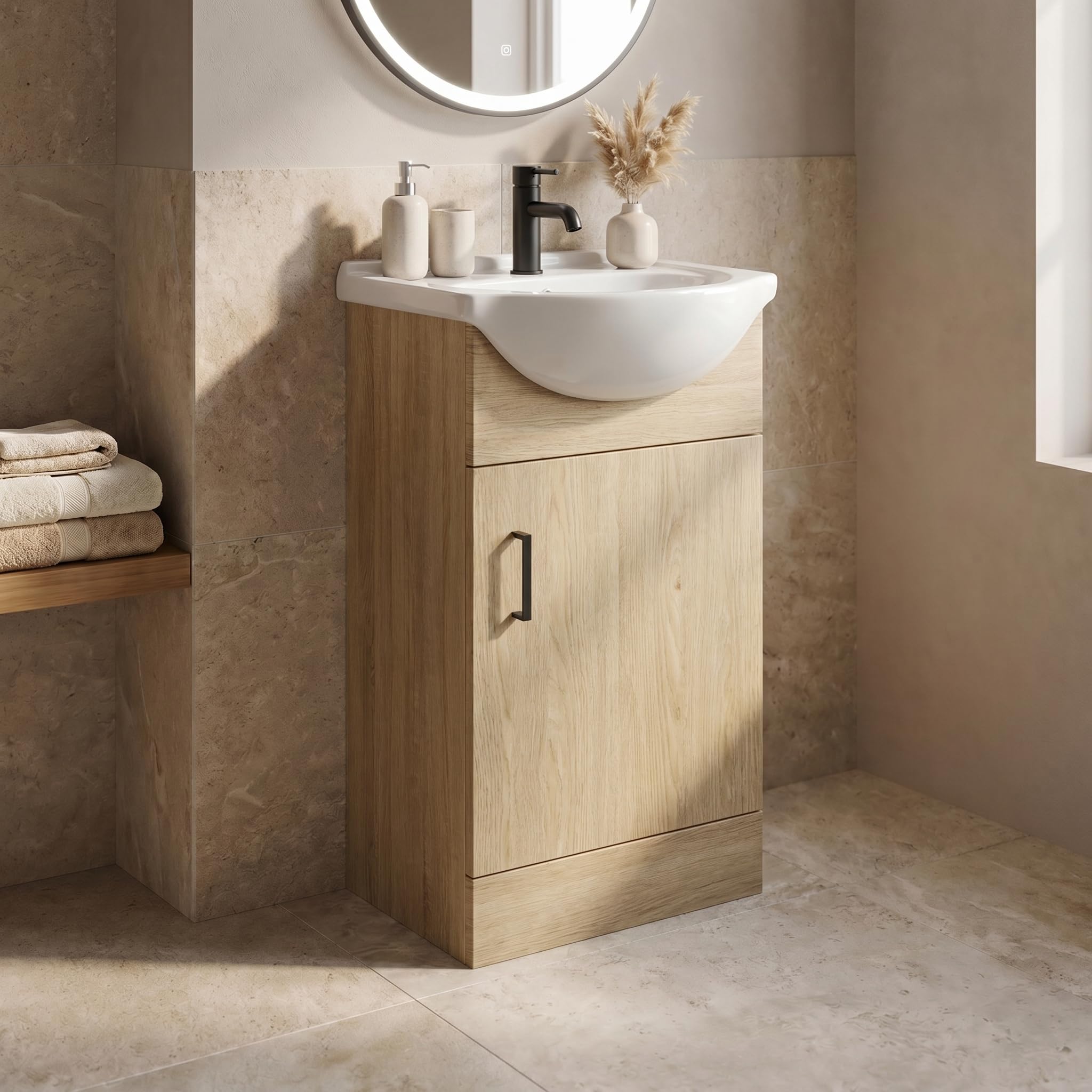 Affineยฎ 450mm Vanity Unit Basin Sink Bathroom Storage Cabinet Cupboard Freestanding, Single Tap Hole Ceramic Wash Basins, Soft Close Door, Oak Wood Effect