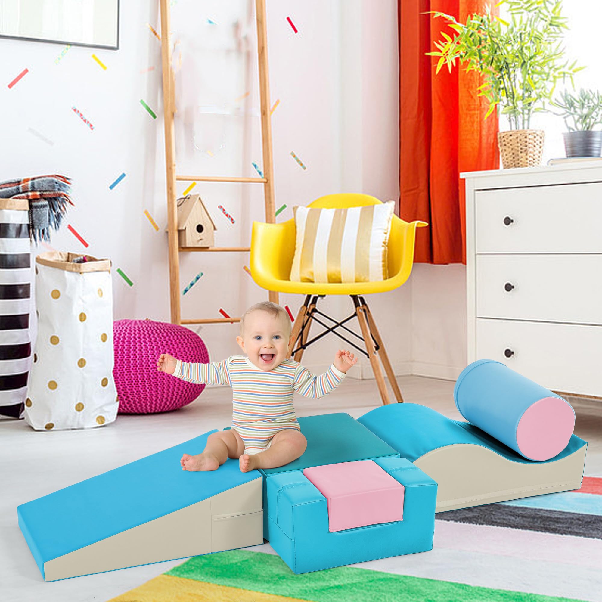 6 in 1 Soft Climb and Crawl Foam Playset, Play Equipment Climb and Crawl Playground, Foam Climbing Blocks for Preschools, Toddlers, Kids Crawling and Climbing Indoor Active Play Structure