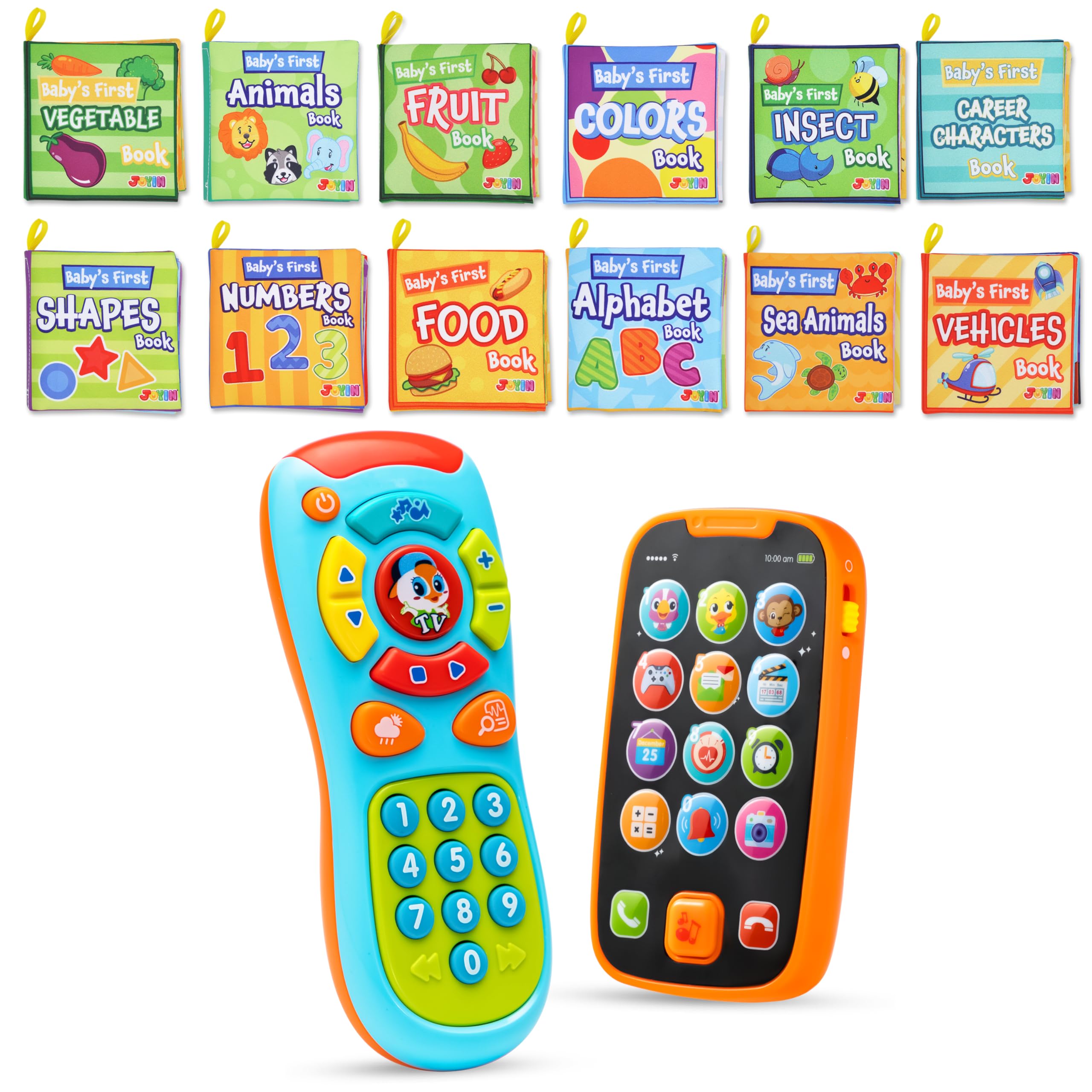 JOYIN My Learning Remote and Phone Bundle with Music and 12 Pcs Bath Books, Fun Smartphone Toys for Baby, Infants, Kids, Boys or Girls, Nontoxic Fabric Soft Crinkly Cloth Books