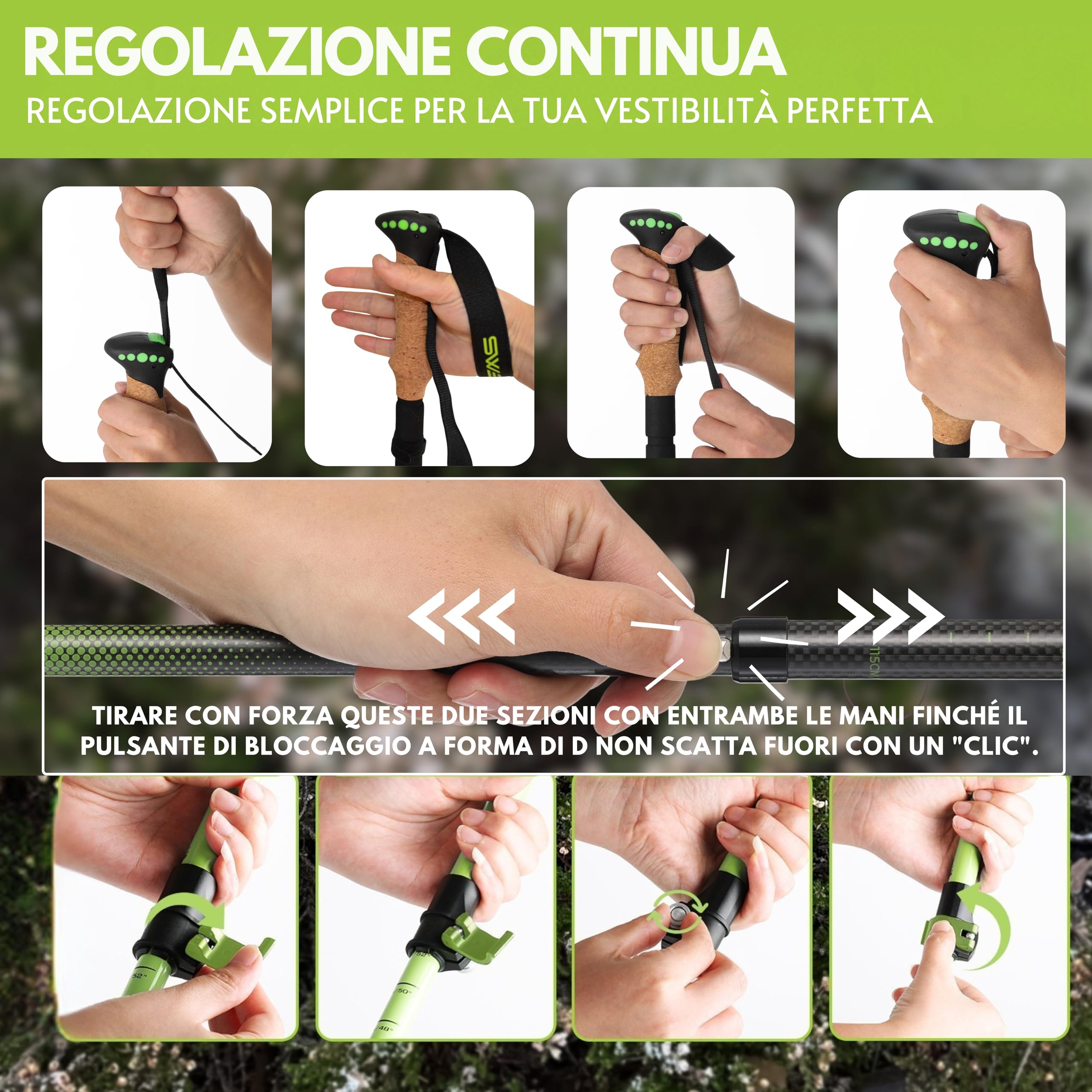 Bastoni da trekking pieghevoli in carbonio, per uomo e donna, leggeri e regolabili, 115-135 cm, con manico in sughero e cuscinetto in gomma