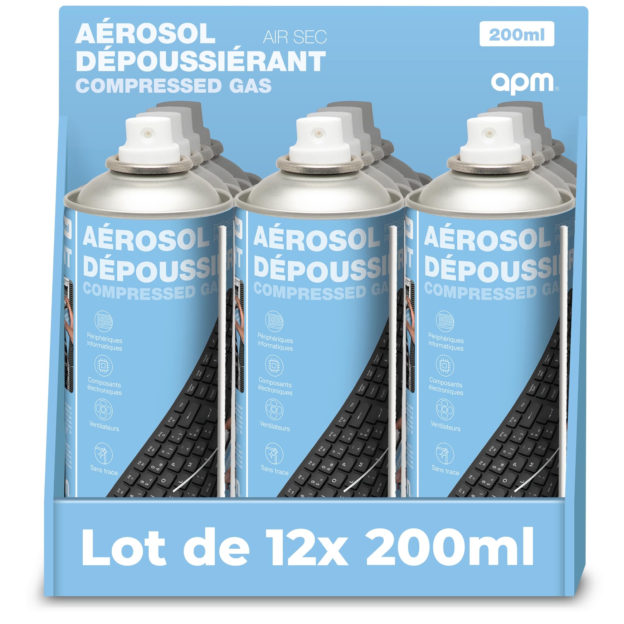 APM Lot 12 Bombes Air Sec 200ml, Aérosol Dépoussiérant Matériel Informatique, Spray Nettoyage Air Comprimé pour PC Clavier Mobile Appareil Photo et Composants électroniques, Buse de précision, 570055