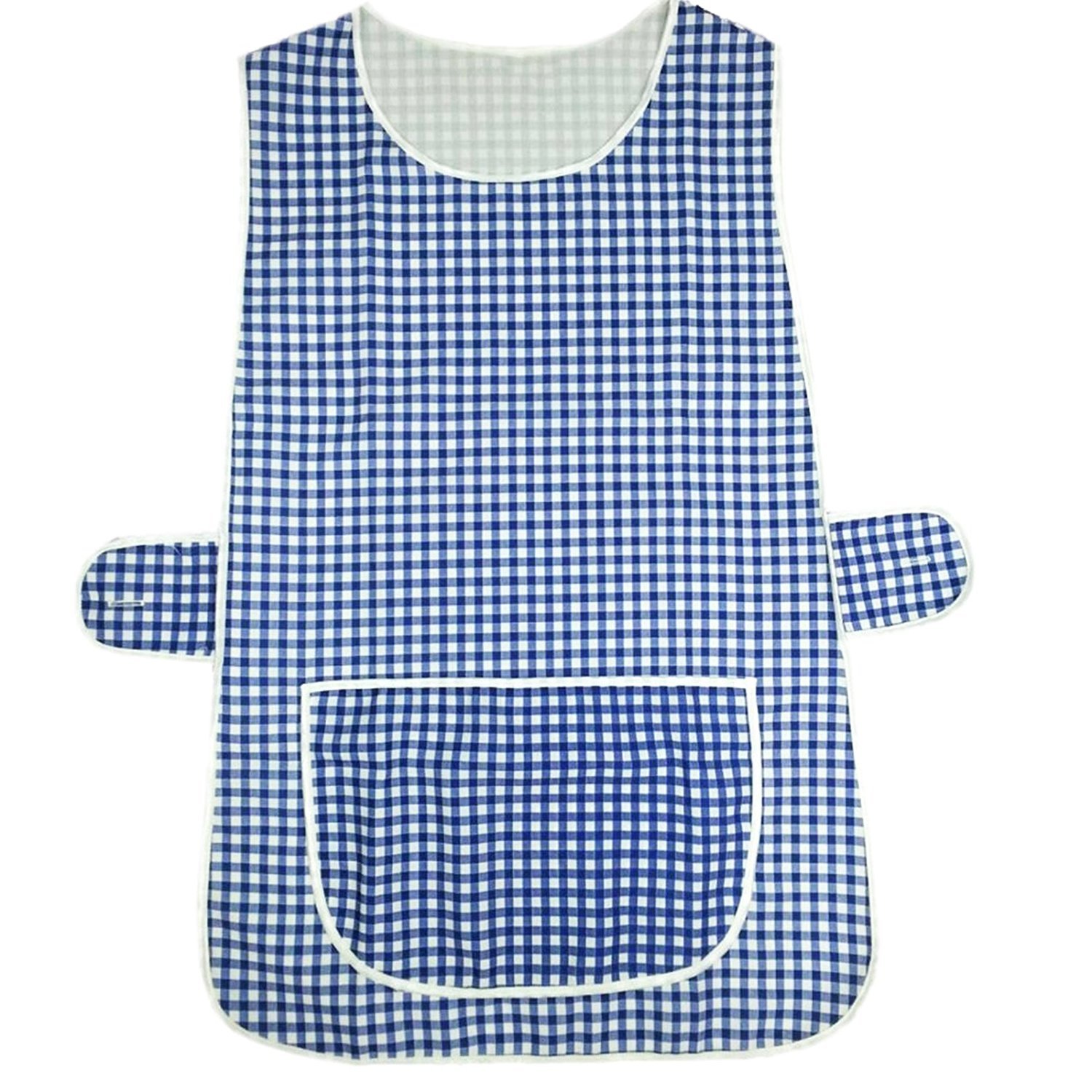 Myshoestore Women's Navy Check Tabard Home Work Kitchen Cleaning Chef Catering Cleaners Workwear Overall Piping Edge Tabbard Apron With Large Pocket Side Button Fastening Plus Big Size (Check Navy Blue, Xos)