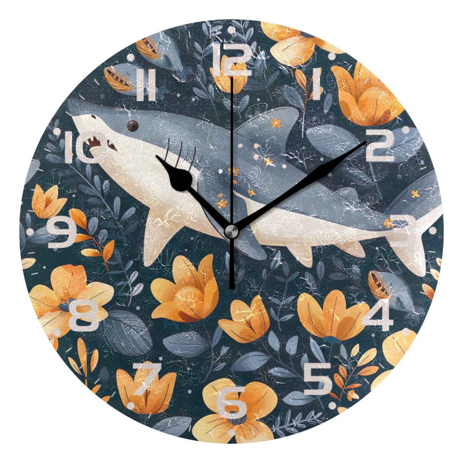 Ensound Shark Wall Clock Non Ticking Silent Art Decorative Round Clock for Living Room Kitchen Bedroom Office School 12 Inch