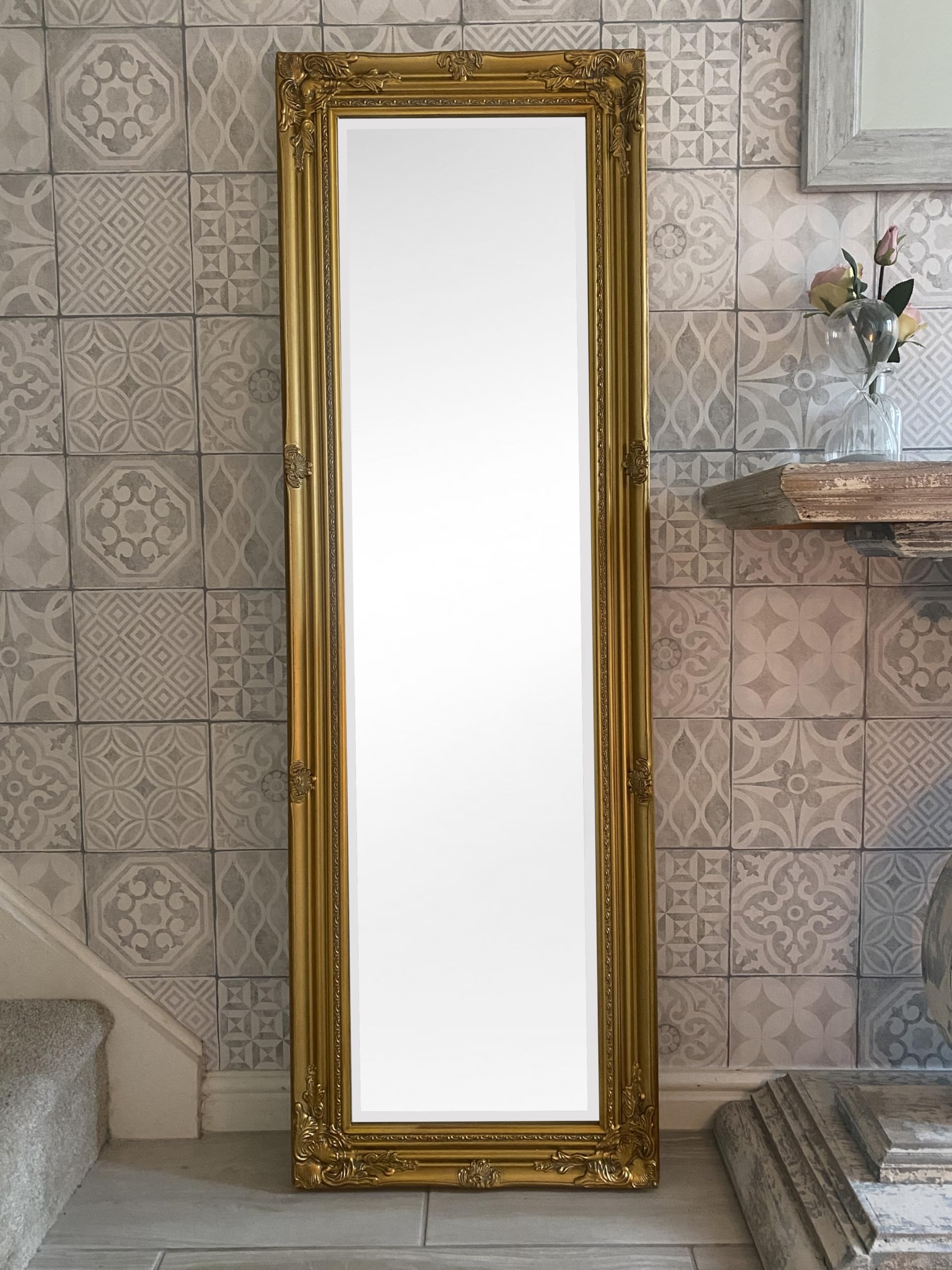 DOWNTON INTERIORS Tall Ornate Dressing Wall Mirror with Bevelled Glass - Black Silver Gold White Cream - Overall Size: 142cm x 47cm (Antique Gold)