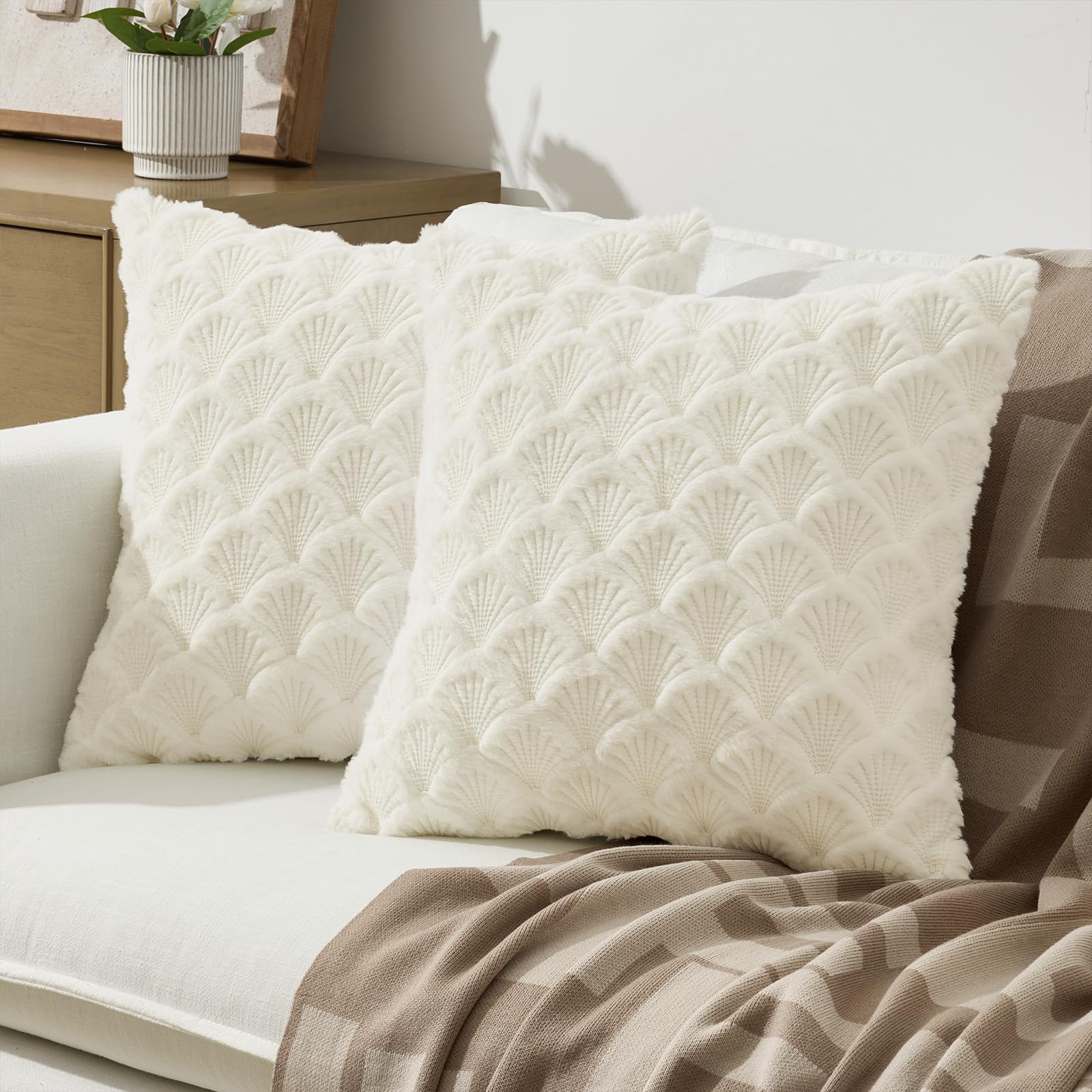 Decorative Boho Pillow Covers for Couch Sofa Bohemia Modern Farmhouse Cream Fur Throw Pillow Covers Cushion Covers Cute Pillows Living Room Bedroom Home Decor 16x16 Inch Pack of 2