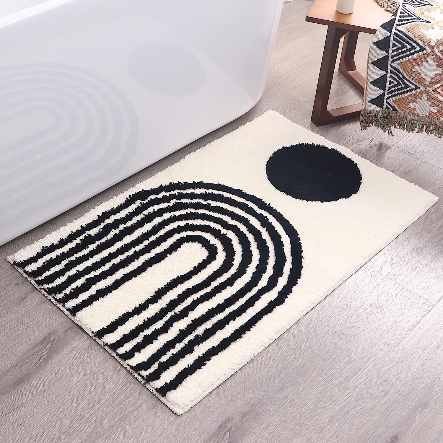 Boho Bathroom Rugs Abstract Rug - Black and White Bath Mat Geometric Art Arches - Mid Century Modern