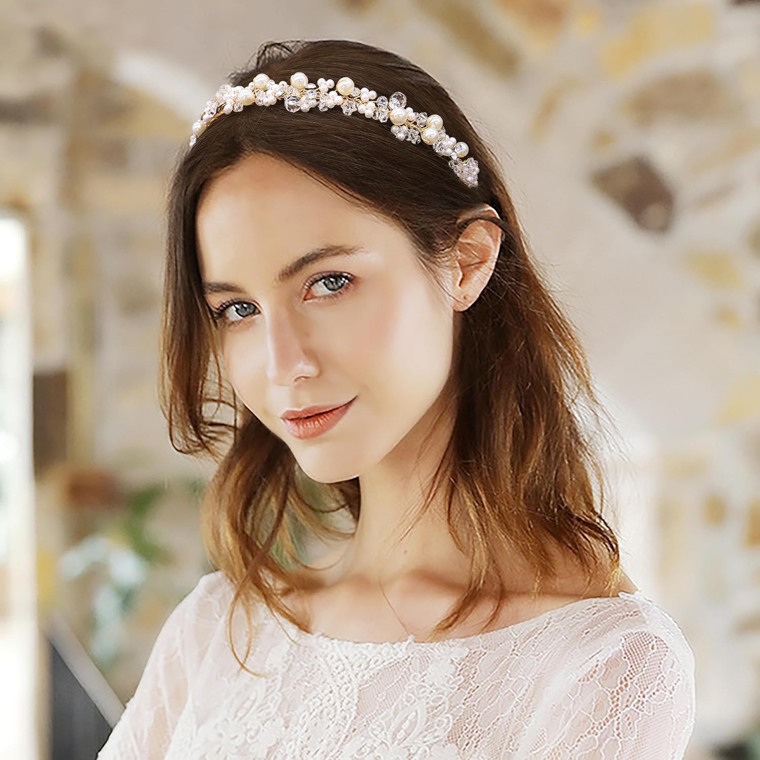 Oriamour Bridal Headband With Pearls Wedding Headpieces For Brides Crystal Party Hair Accessories For Women (Gold) - Image 3