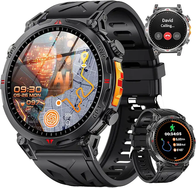 Rmana GPS Smartwatch Herren,2025 Militär Smartwatch Sportuhr mit Telefoniefunktion, 1.6 Zoll AMOLED Fitnessuhr,ChatGPT/AI/5 GPS-Sportmodi/über 100 Sportmodi Sportuhr für Android iOS (Schwarz Silikon)