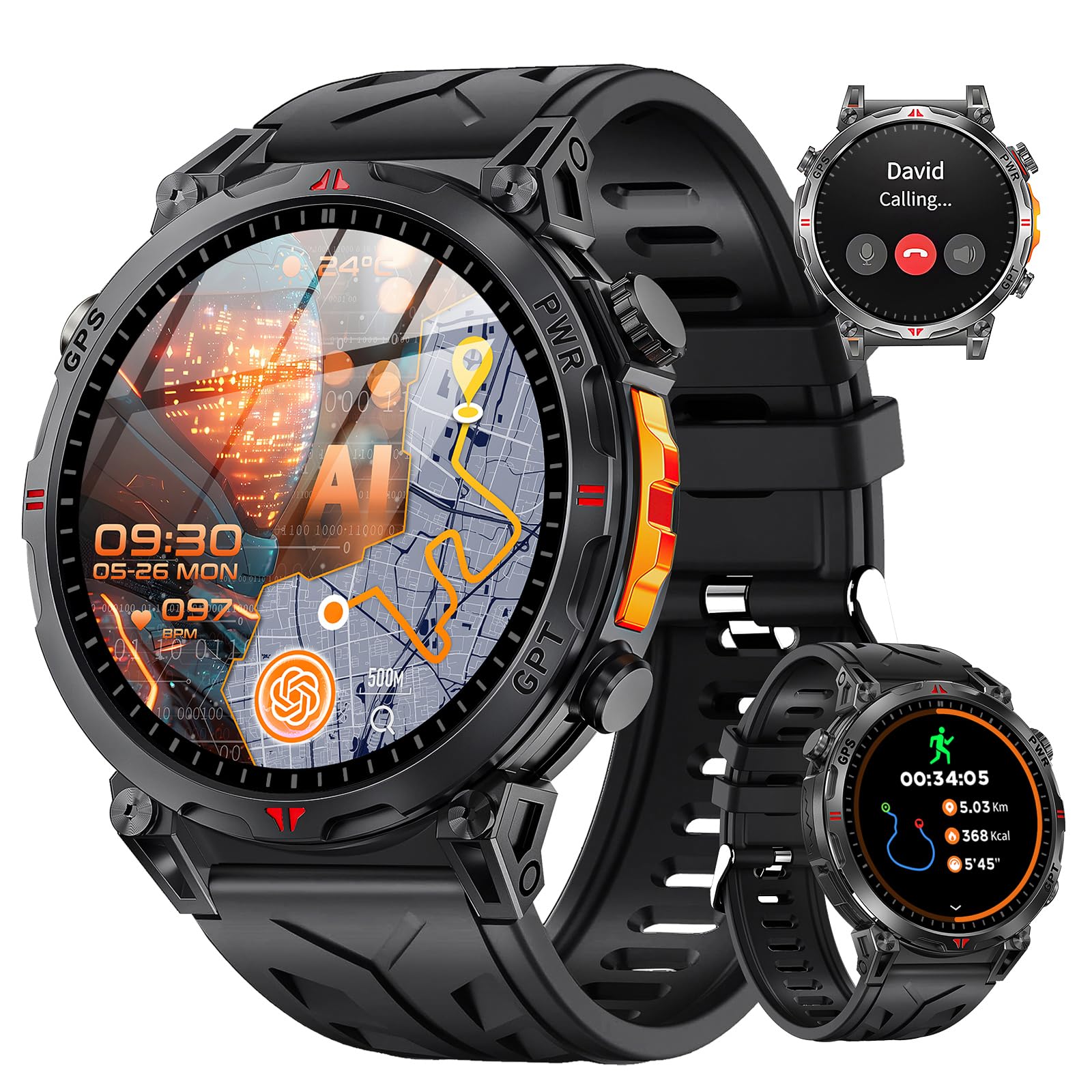 Reloj Inteligente Hombre, GPS Integrado Militar Smartwatch AMOLED 1,6 Pulgadas con Llamadas Bluetooth, 650mAh, Brújula/Altitud, 100+ Modos Deporte, Monitor Cardíaco 24h, iOS/Android (Moderno)
