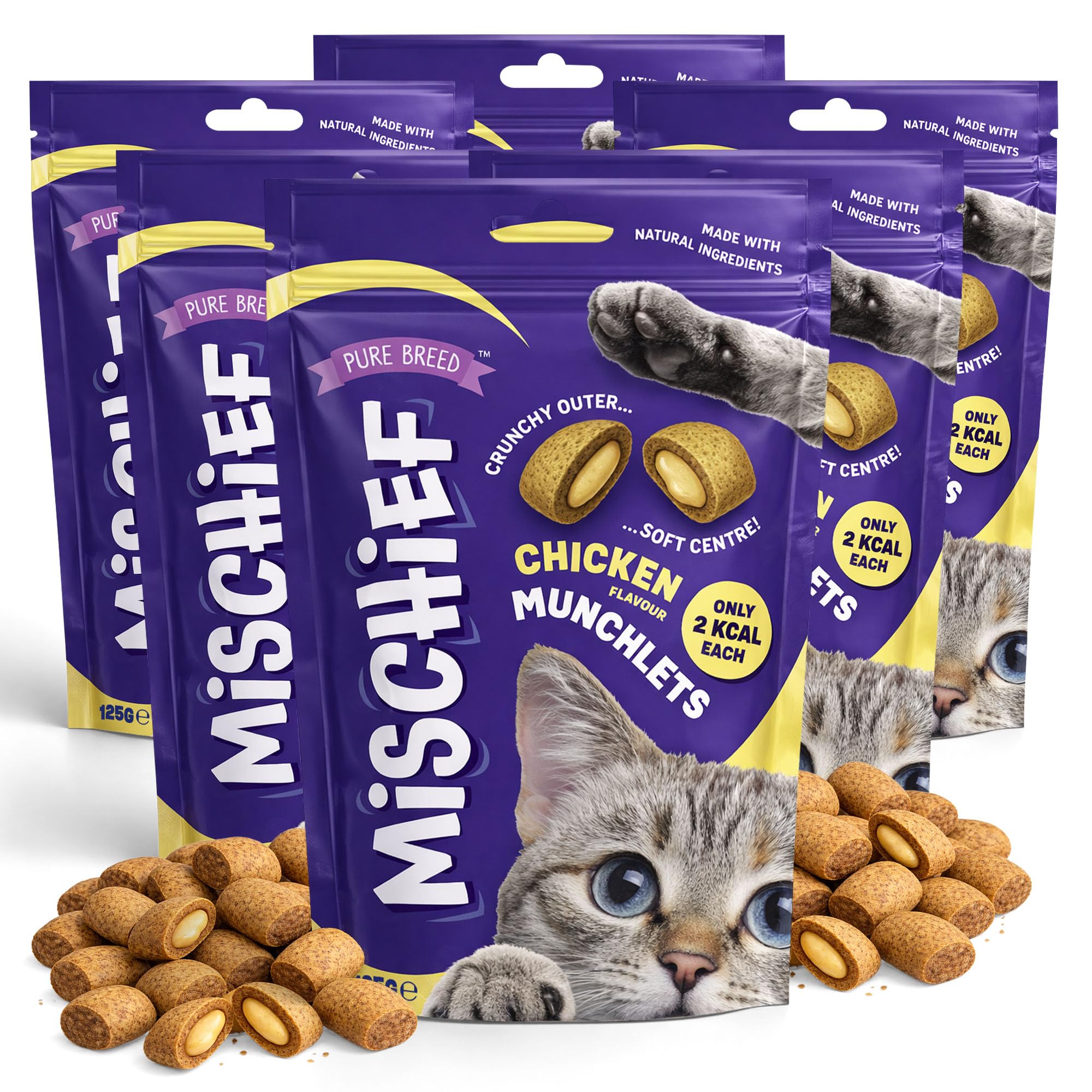 Mischief 6pk Cat Treats for Indoor Cats - 750g Chicken Flavour - Healthy Kitten Treats 2-12 Months - Crunchy Cat Snacks for All Ages & Breeds - 6pk x 125g