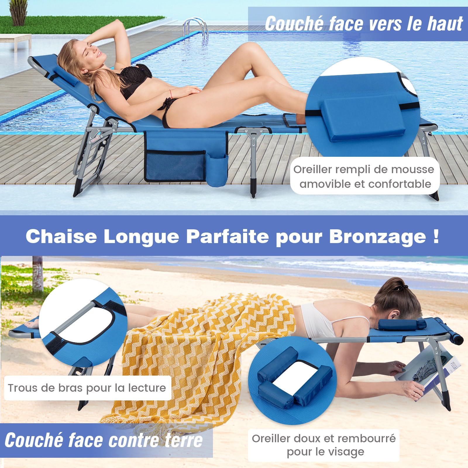 COSTWAY Bain de Soleil Pliable Inclinable à 5 Positions, Charge 150kg, Transat de Plage Pliable, Trou pour Visage, Appui-tête Amovible, Porte-gobelet et Poche, Chaise Longue pour Jardin Plage(Bleu)