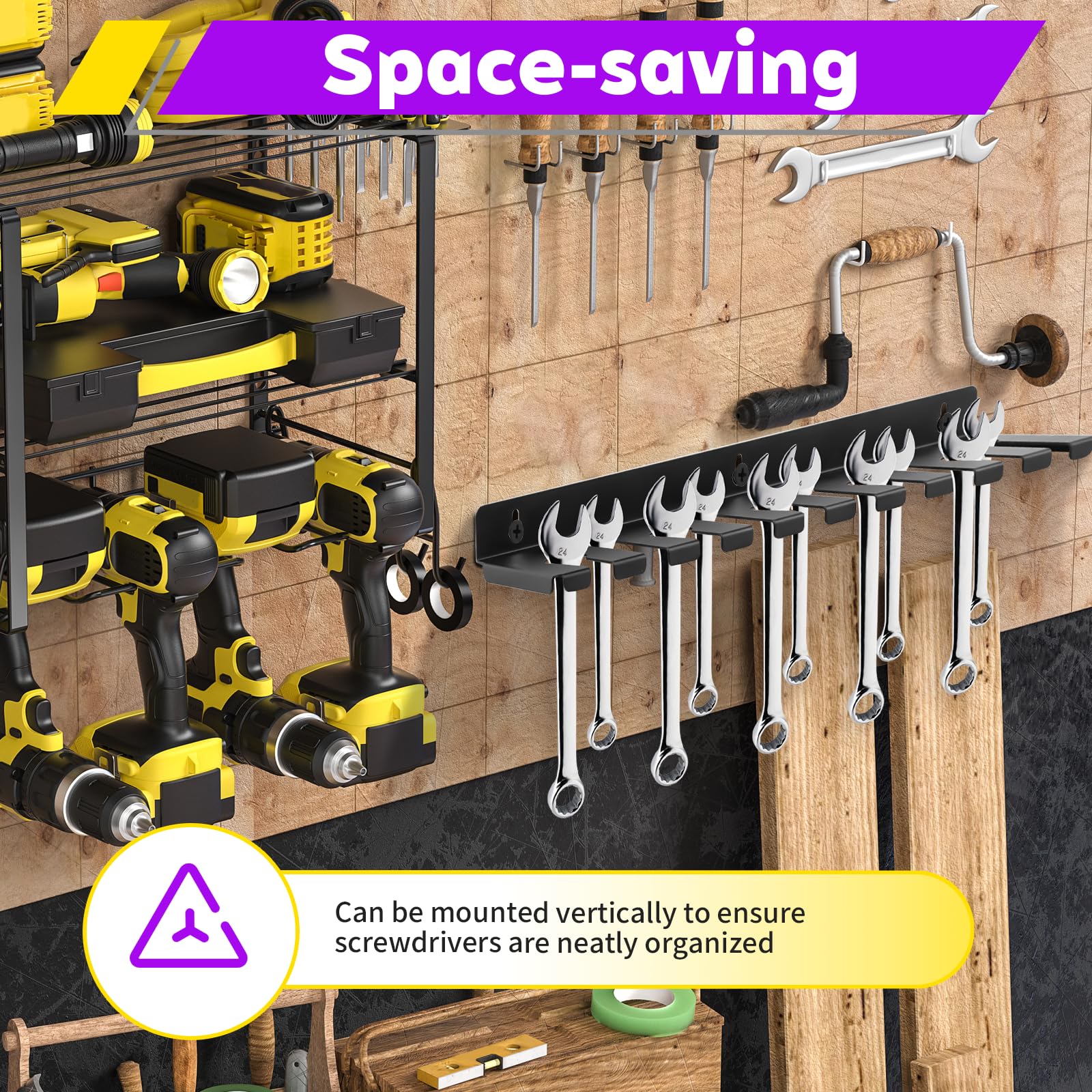 Supporto da Parete per Utensili in Acciaio al Carbonio con Viti e Tasselli, Parete Attrezzata Officina Porta Cacciaviti 35 cm per Garage, Magazzino, Officina e Banco Lavoro, Nero