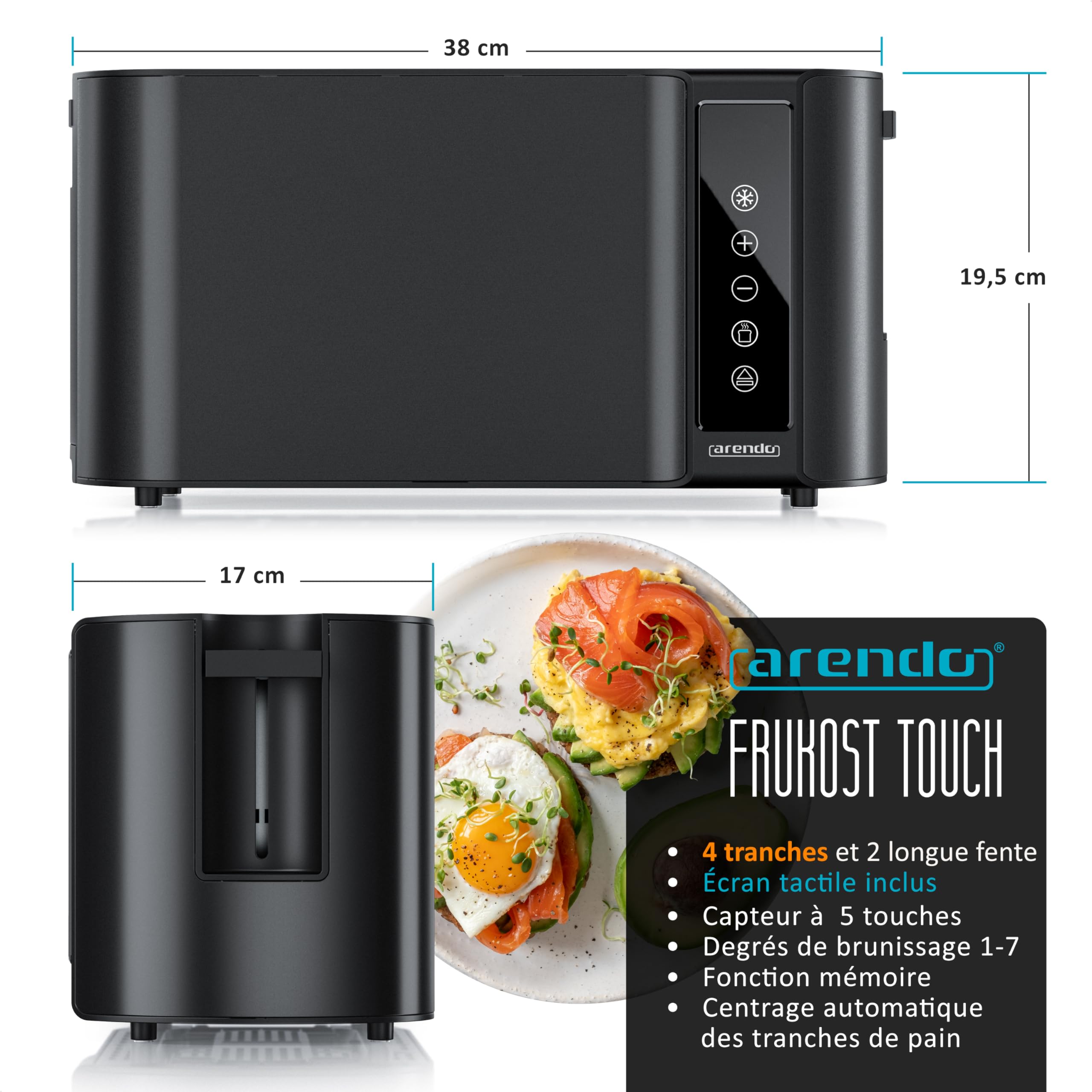 arendo Grille-Pain à 4 Fentes Longues 1500 W, écran Tactile, boîtier à Double paroi, Support à viennoiseries, 7 Niveaux de brunissement, centrage et Affichage du Temps restant, Fonction mémoire