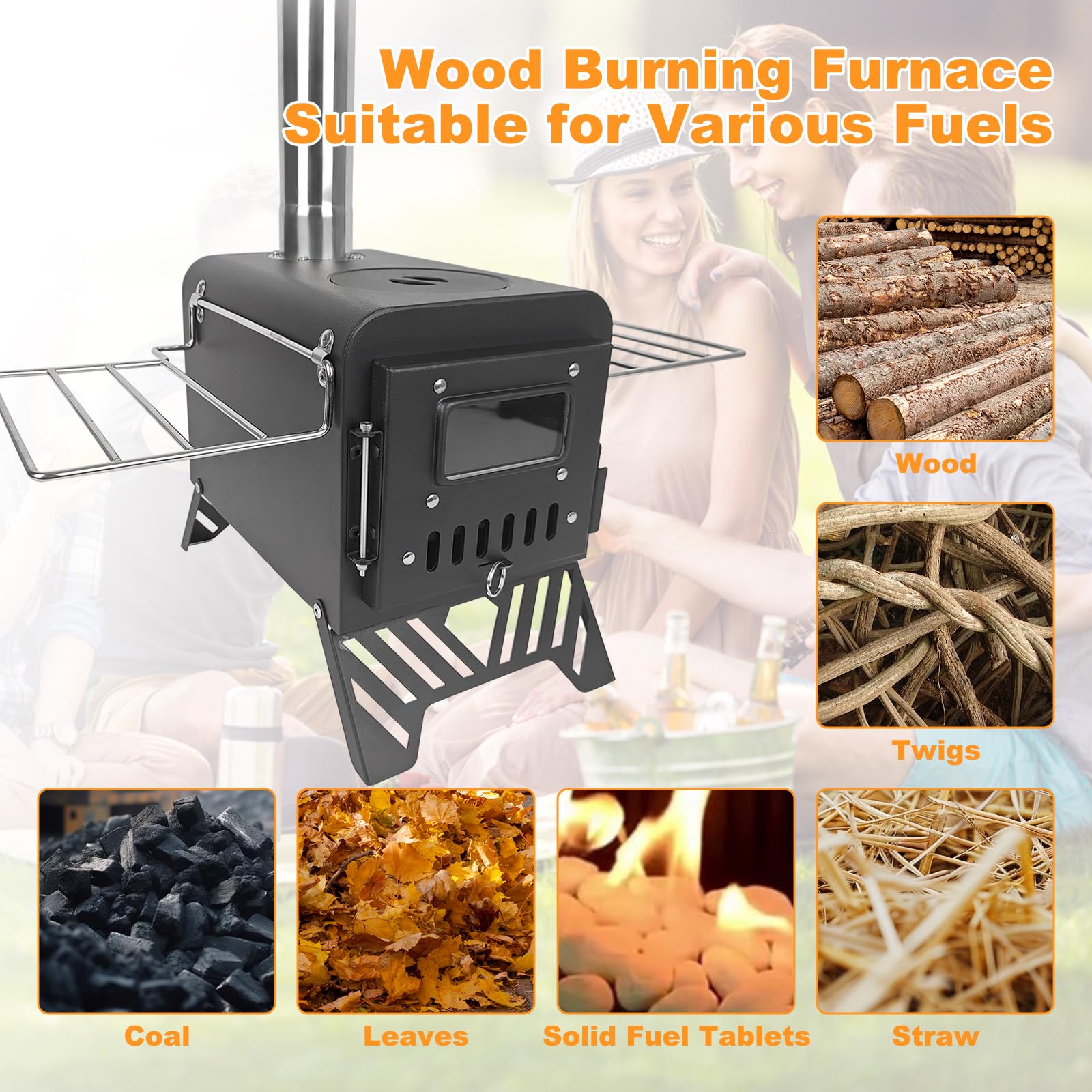 Camp Feuer Zeltofen, Erweiterte Größe:54x28x35cm, Edelstahl Zeltofen mit Kamin, Tragbarer Holzofen, Hochtemperaturbeständiges Holzkocher für Camping im Zelt, Outdoor-Kochen und Gartenaktivitäten