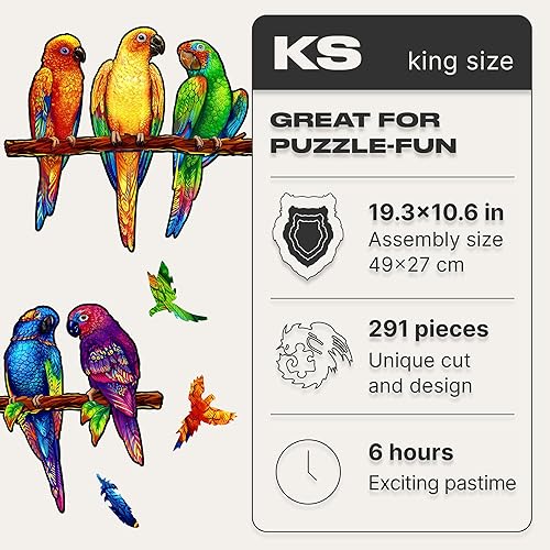 Miniatura 2 de UNIDRAGON Rompecabezas de madera originales, loros juguetones, 291 piezas, tamaño King de 19.3 x 10.6 pulgadas, hermoso paquete de regalo, forma