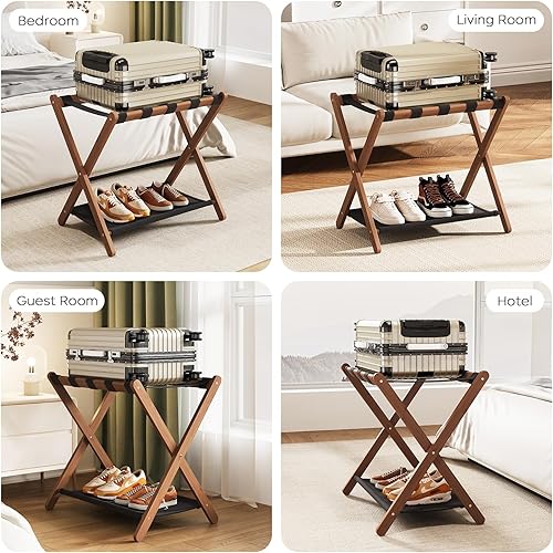 Miniatura 9 de Juego de 2 portaequipajes de nogal totalmente montados, soporte de bambú de 26.77 pulgadas para habitación de invitados, 5 correas de nailon,