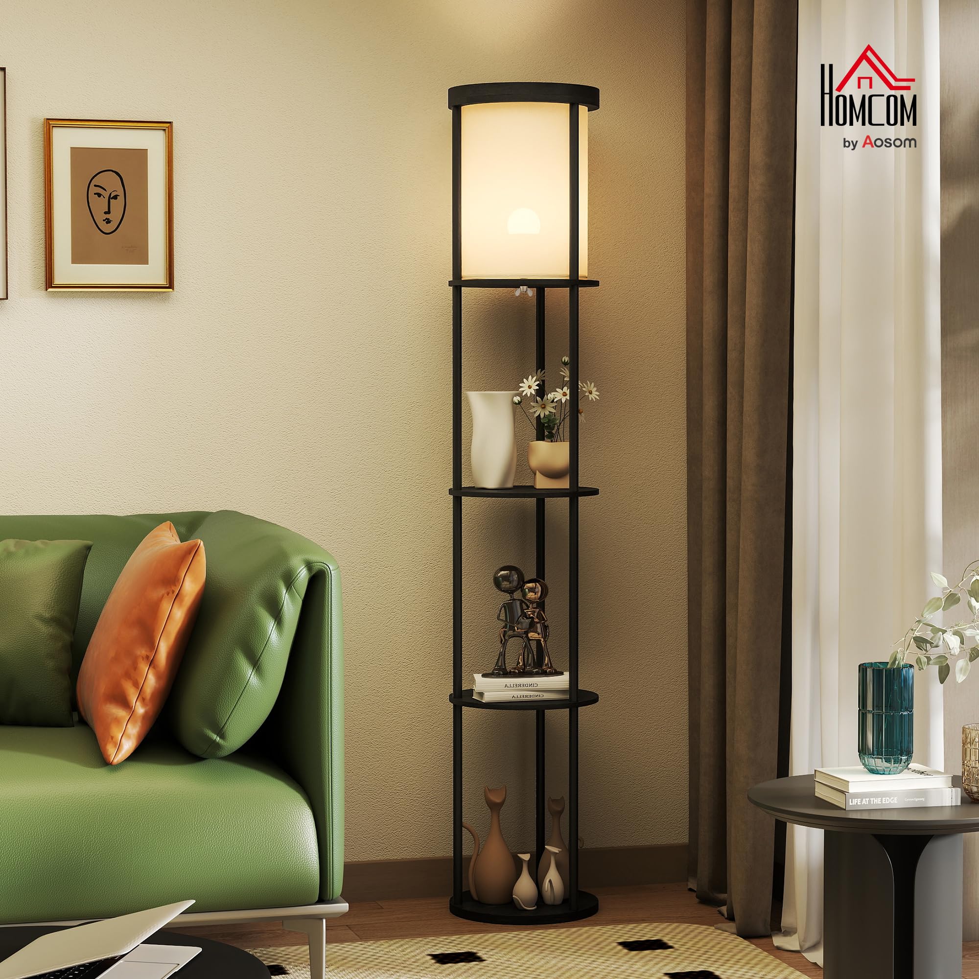 HOMCOM Lampada da Terra LED con Ripiani Rotondi, Piantana Moderna Nero | Paralume in Tessuto, Interruttore a Pedale e Telecomando, per Soggiorno e Camera da Letto