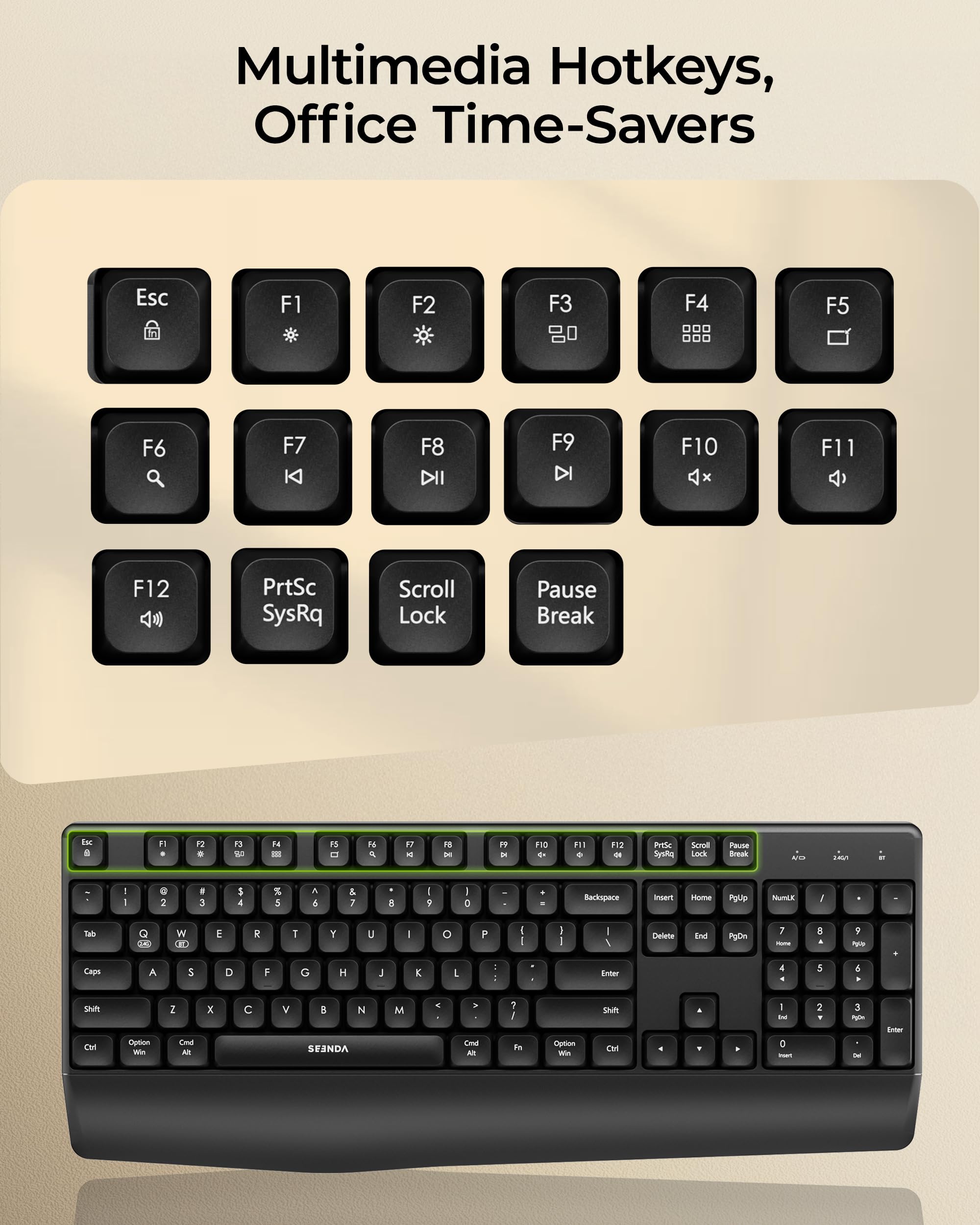 seenda Bluetooth Wireless Keyboard, Wireless Ergonomic Keyboard with Wrist Rest, Multi-Device Bluetooth Keyboard with Number Pad, Full-Size Keyboard for Laptop/MacBook/Mac/Windows, Black — view 6